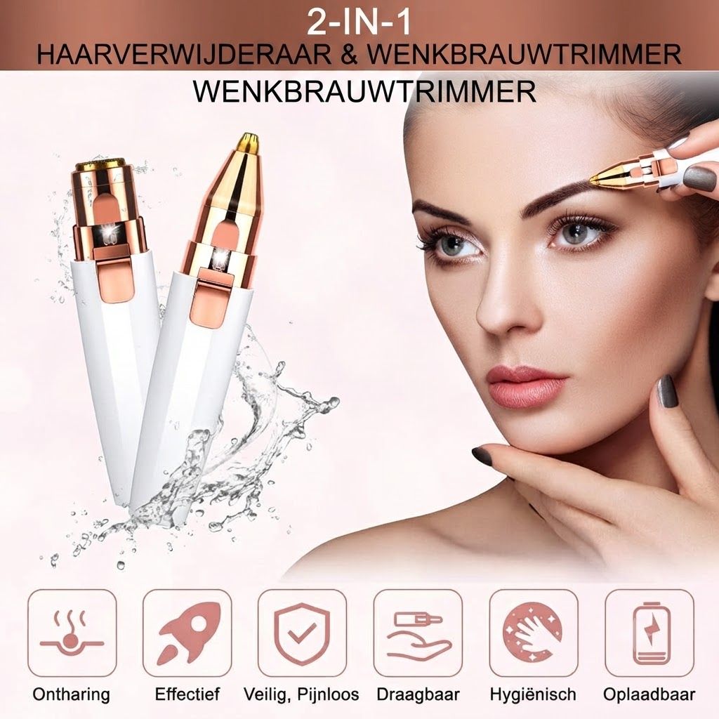 Twee witte en gouden wenkbrauwtrimmers, één met dop, naast een vrouw die haar wenkbrauwen trimt.