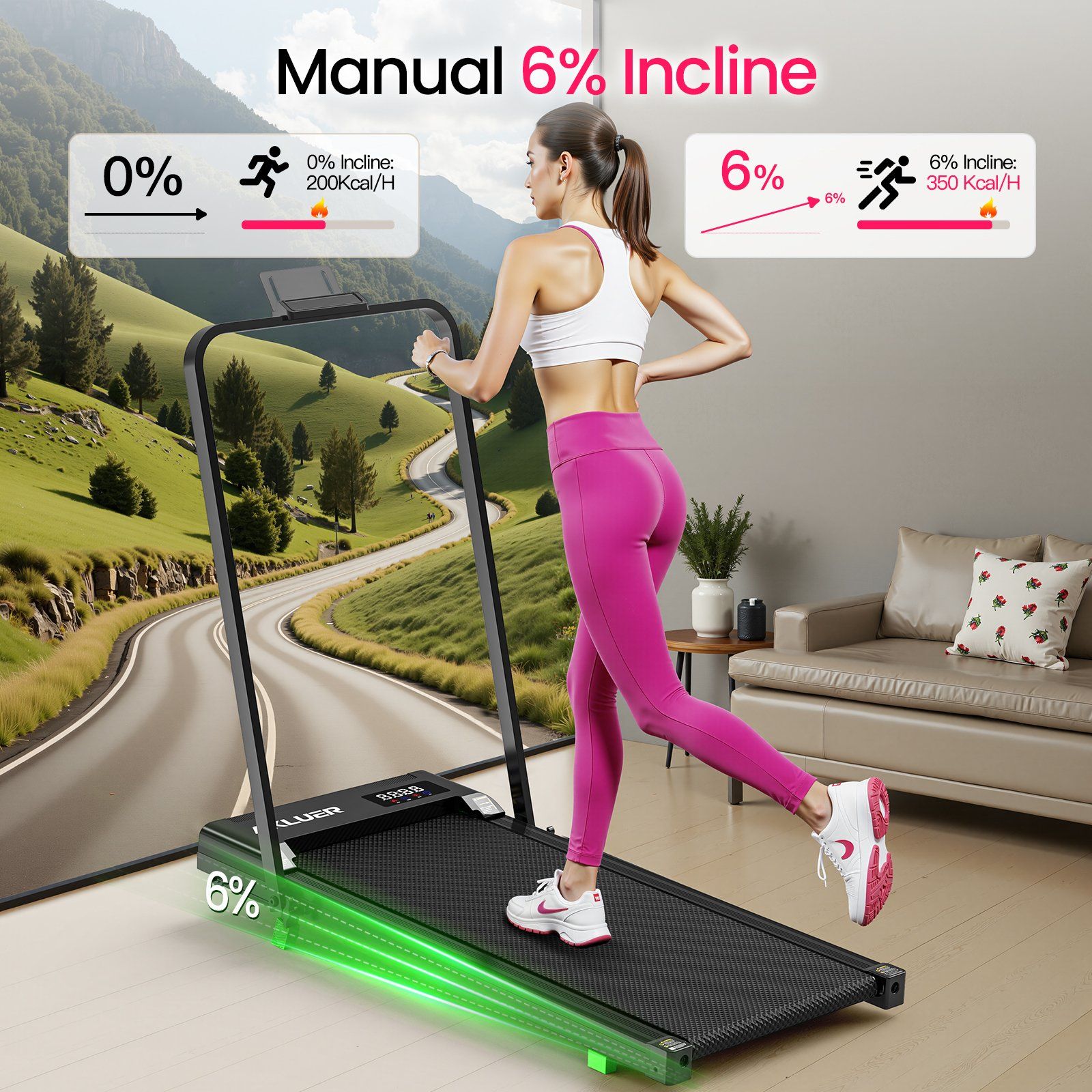 Tapis roulant avec femme, montrant une inclinaison manuelle de 6% pour un entraînement plus intense.