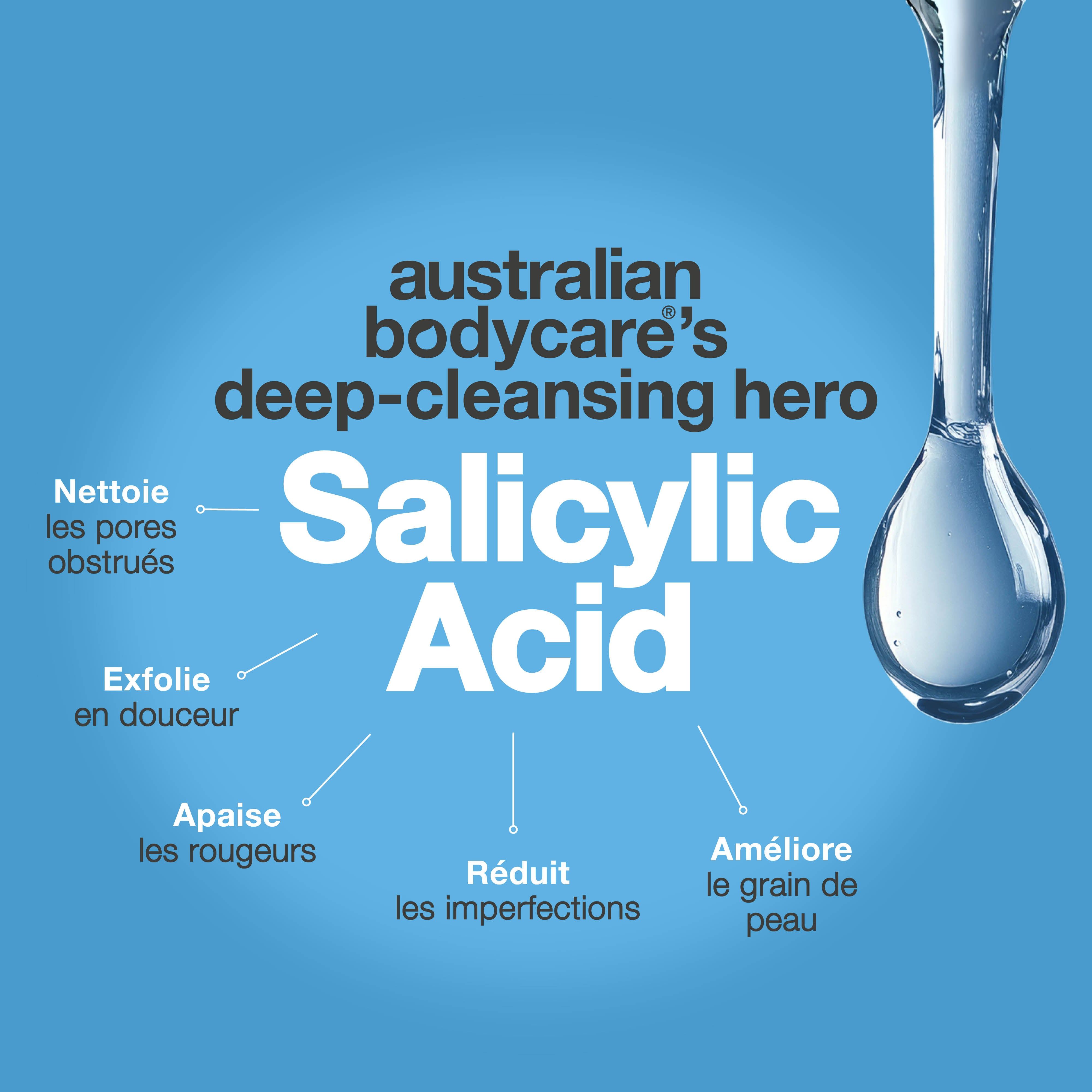 Représentation en forme de goutte d'acide salicylique. Texte : Australian Bodycare's deep-cleansing hero. Caractéristiques.