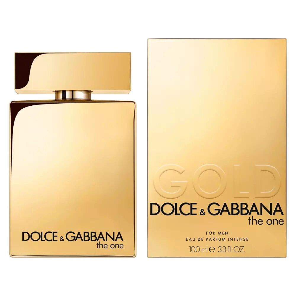 Flacon doré et emballage rectangulaire Dolce & Gabbana The One. Sur l'emballage, le mot 'Gold' est visible.