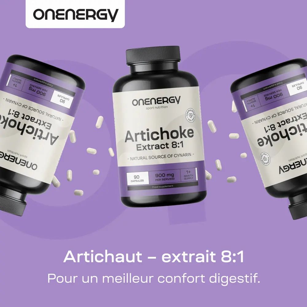 Trois bouteilles d'OnEnergy Artichaut Extrait 8:1 sur fond violet. 90 gélules.