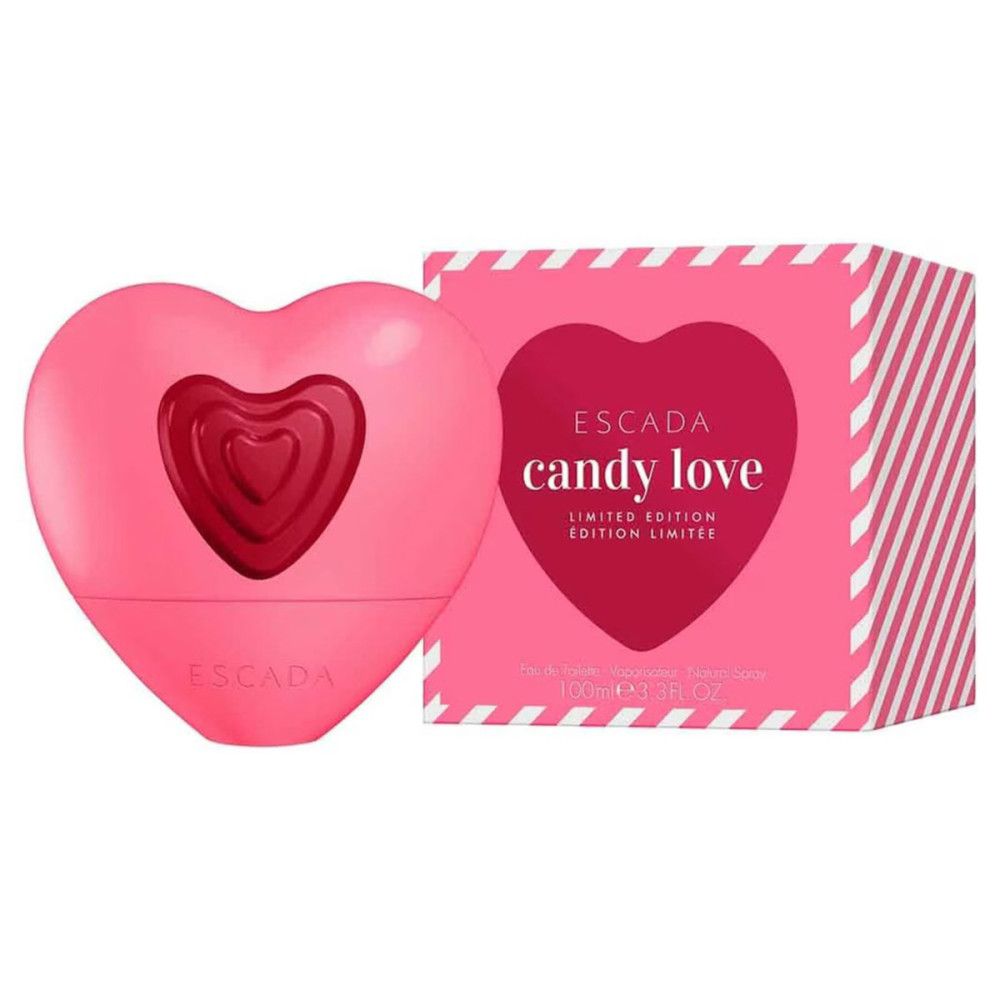 Roze hartvormige flacon met rood hartpatroon. Roze doos met opschrift "Escada Candy Love".
