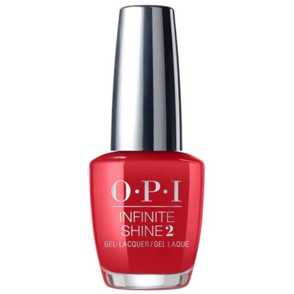 Flacon de vernis à ongles rouge avec bouchon argenté. Étiquette OPI Infinite Shine 2.
