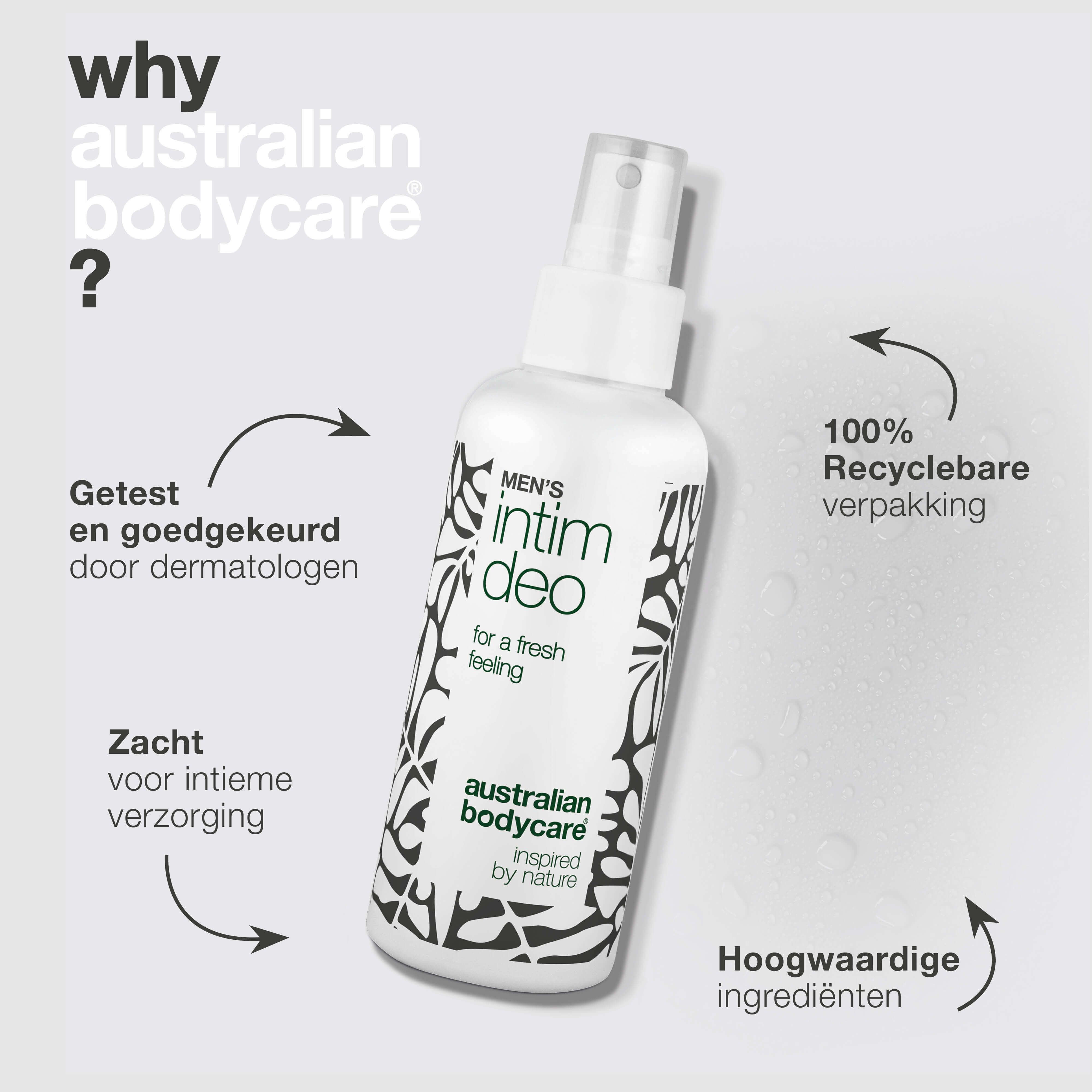 Intieme deo-spray. Tekst: Dermatologisch getest, zacht, hoogwaardige ingrediënten, recyclebare verpakking. Australian Bodycare.