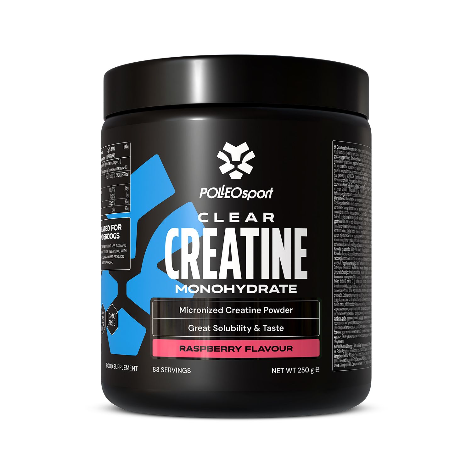 Récipient noir avec PolleoSport Clear Creatine. Étiquettes bleues et roses avec texte. Inscription : Clear Creatine Monohydrate. Goût framboise. 250g.