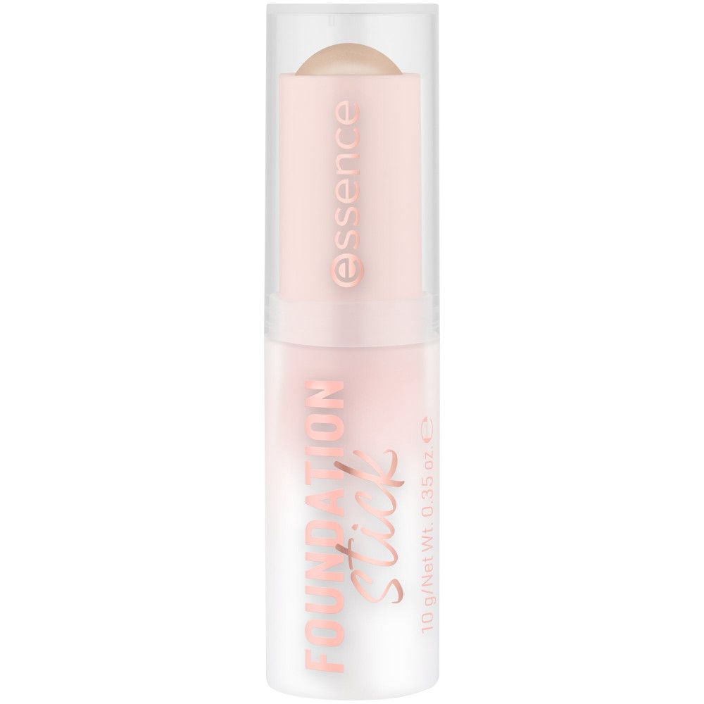 Essence Foundation Stick. Roze-witte verpakking met productnaam en logo. 10 g/0.35 oz.
