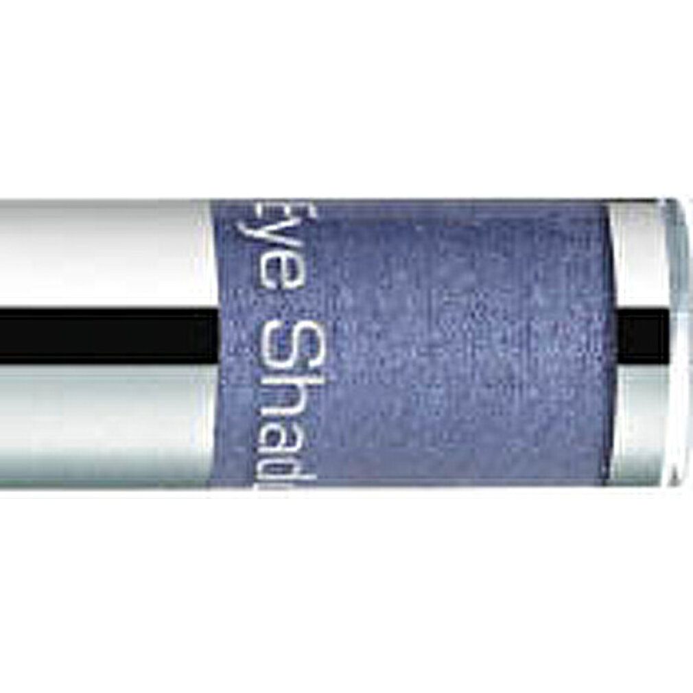 Close-up van een zilveren houder met blauwe oogschaduw. Opschrift "Eye Shad".