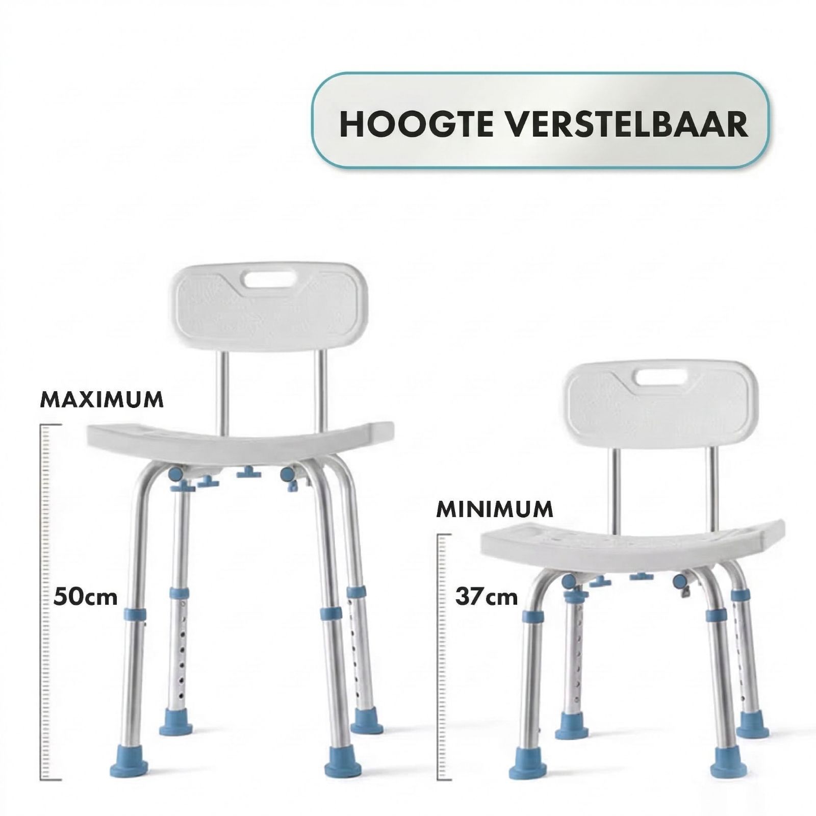 Douchestoel met rugleuning. In hoogte verstelbaar. Maximale en minimale hoogte.