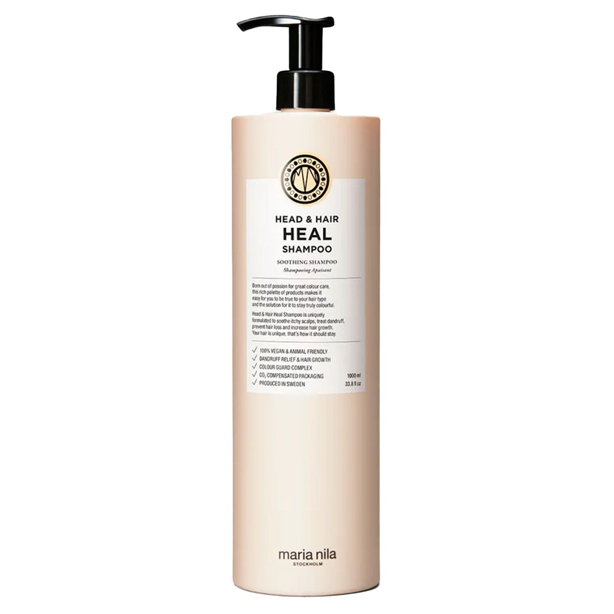 Maria Nila Head & Hair Heal Shampoo, 1000ml fles met zwarte pompdos.