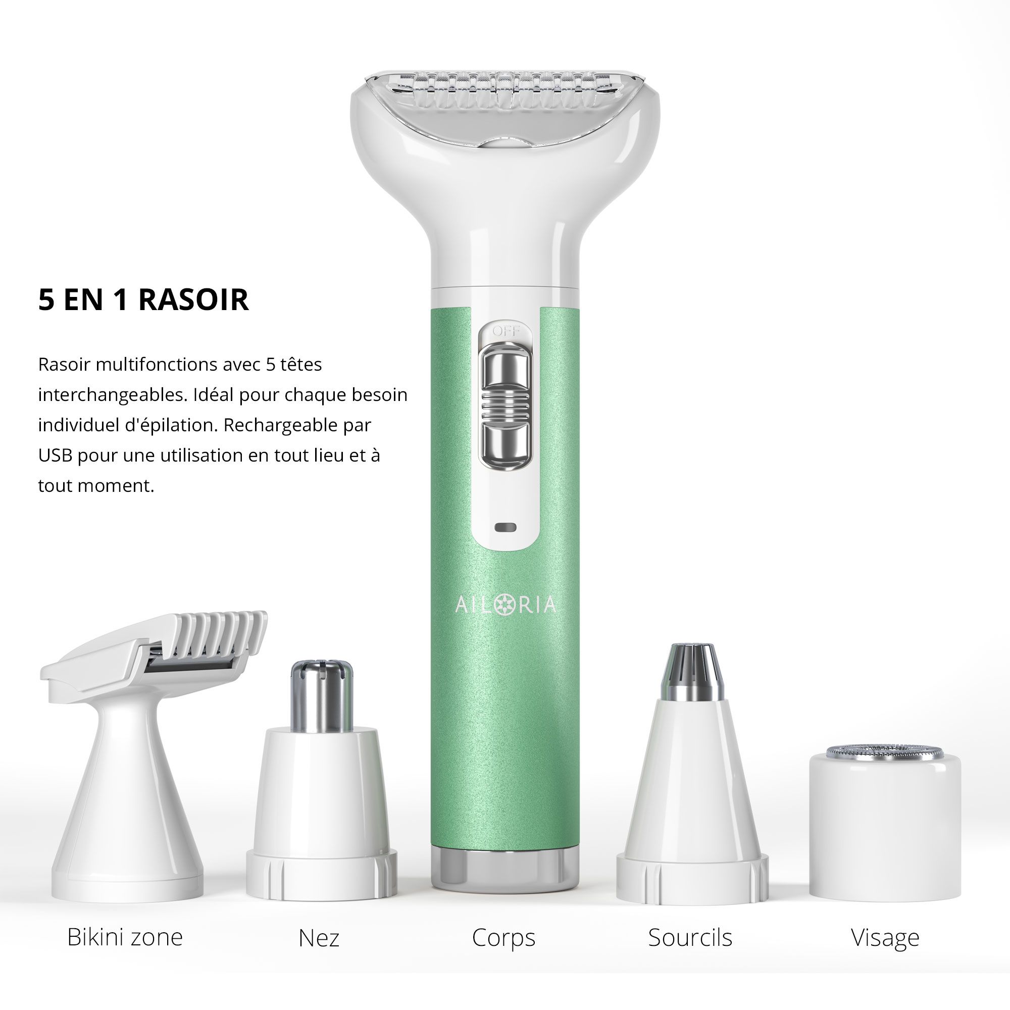 Rasoir avec 5 têtes. Texte avec informations sur le produit. Têtes pour zone bikini, nez, corps, sourcils, visage.