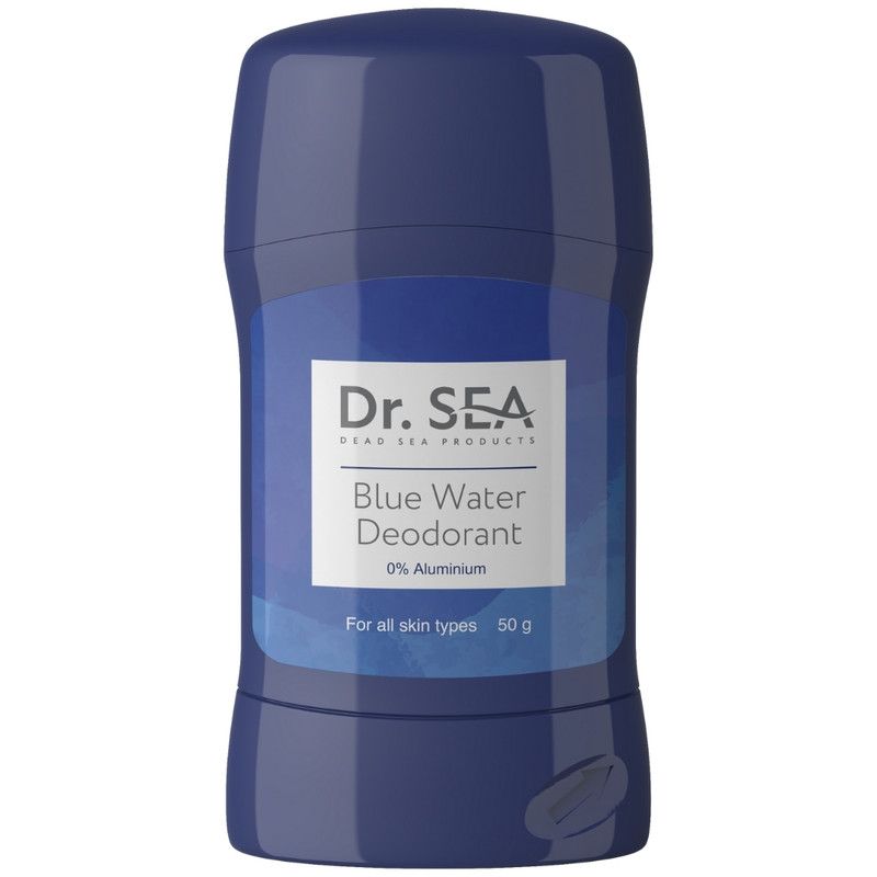 Bâton de déodorant bleu. Inscription : Dr. SEA, Blue Water Deodorant, 0% Aluminium. Pour tous types de peaux, 50 g.