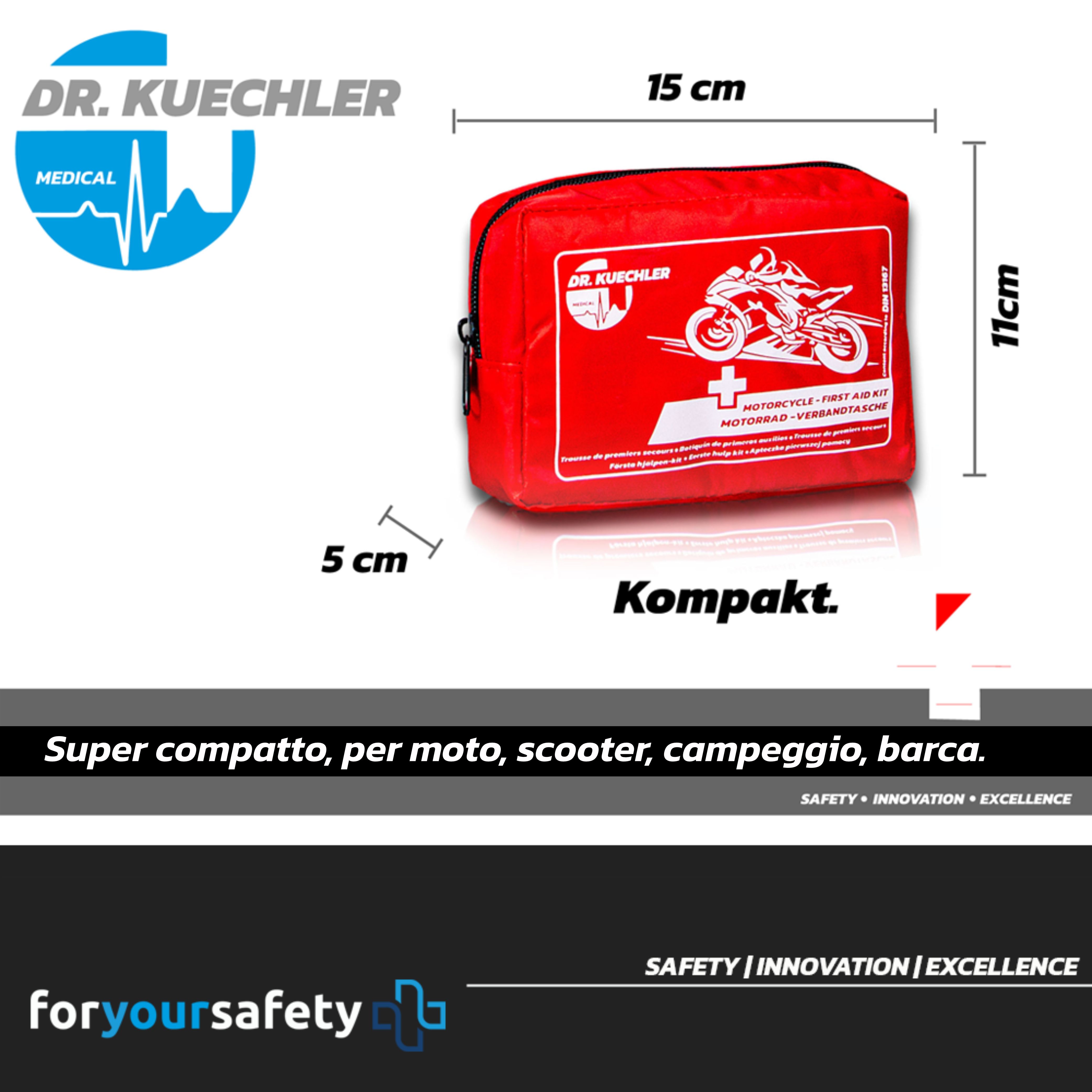 Rode EHBO-tas voor motorfiets. Afmetingen: 15x11x5 cm. Tekst: Kompakt.