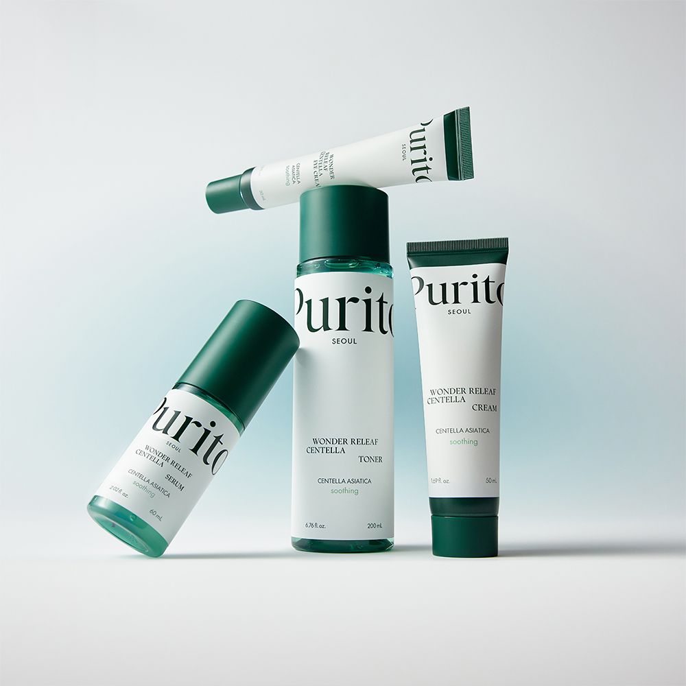Diverse huidverzorgingsproducten van Purito, waaronder toner, serum en crèmes.