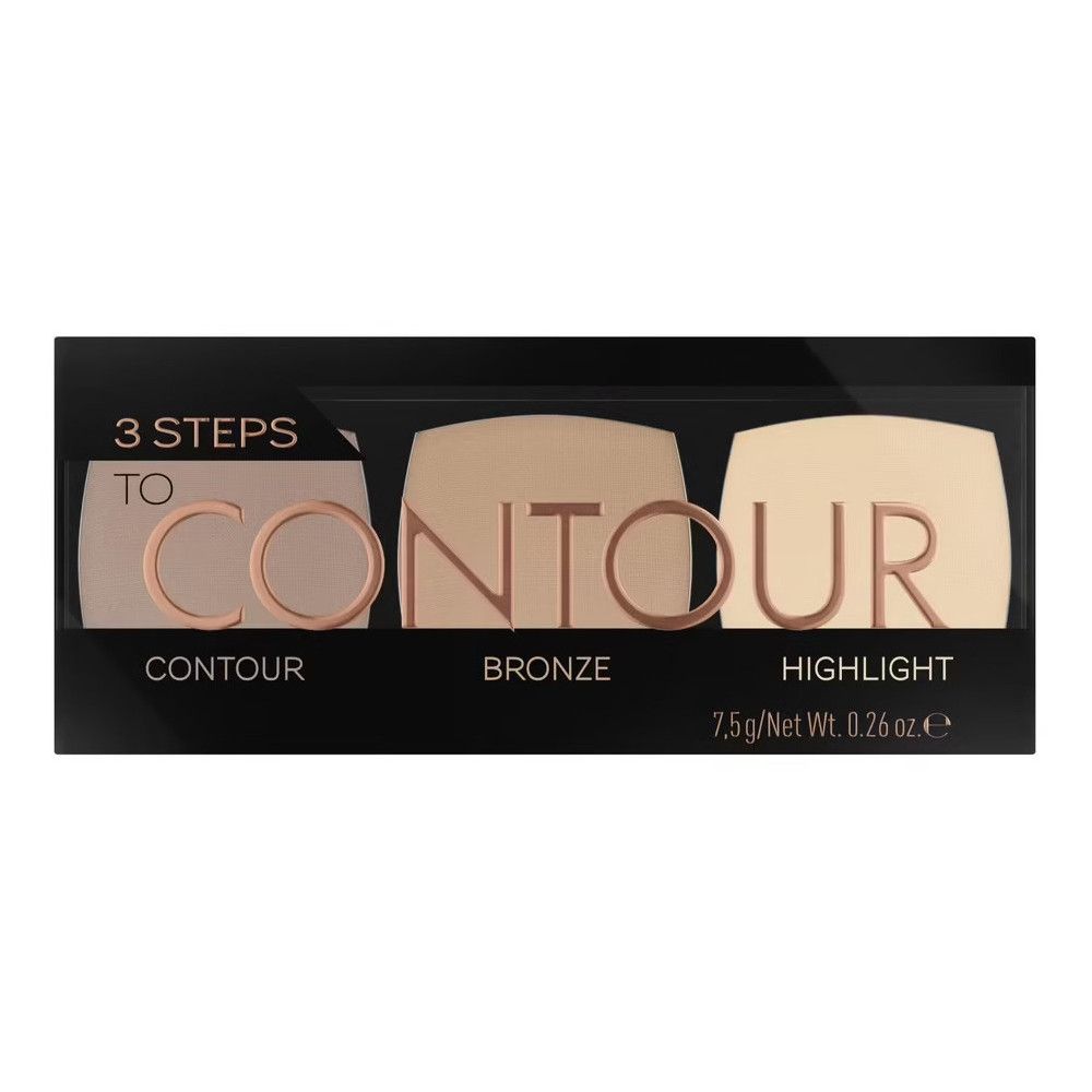 Palette de contouring avec trois teintes. Inscriptions : Contour, Bronze, Highlight. Net 7,5g/0.26 oz. Emballage noir avec couvercle transparent.