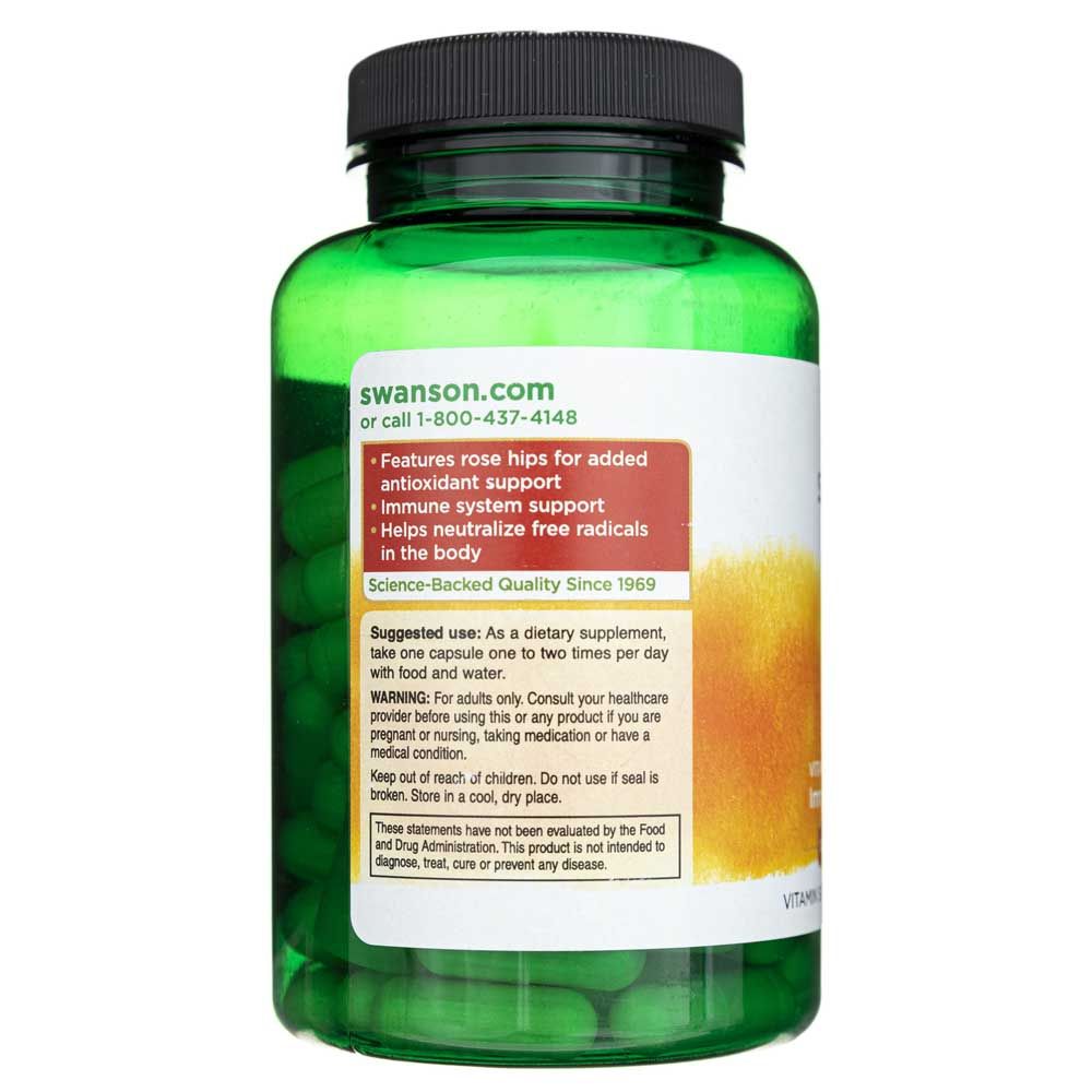 Achterkant van een groene pot met Swanson C-1000 Vitamine C, met details over rozenbottel en immuunsysteem.