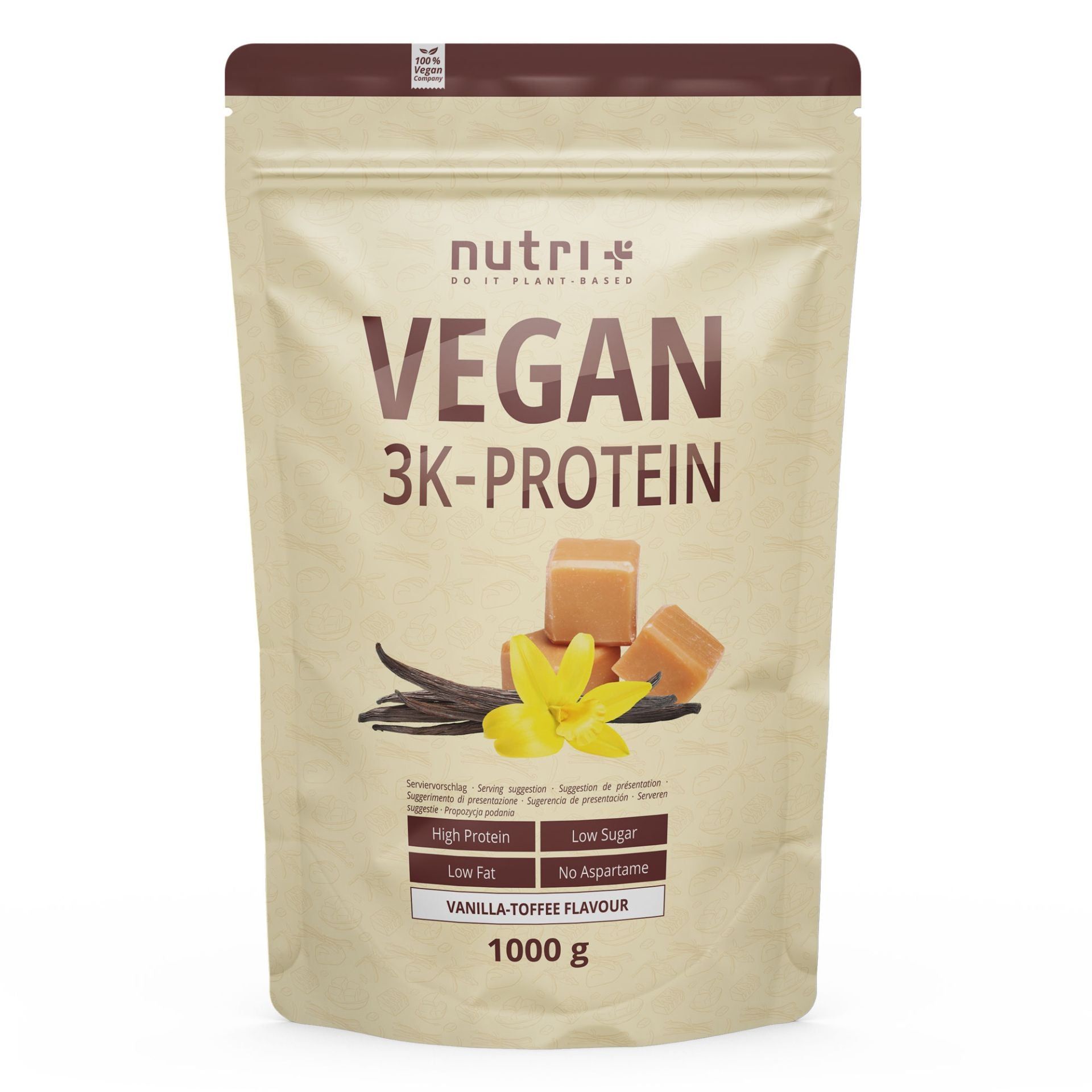 Voorkant van een beige verpakking van nutri+ Vegan Proteïnepoeder 3k, Vanille-Toffee smaak, 1000g.