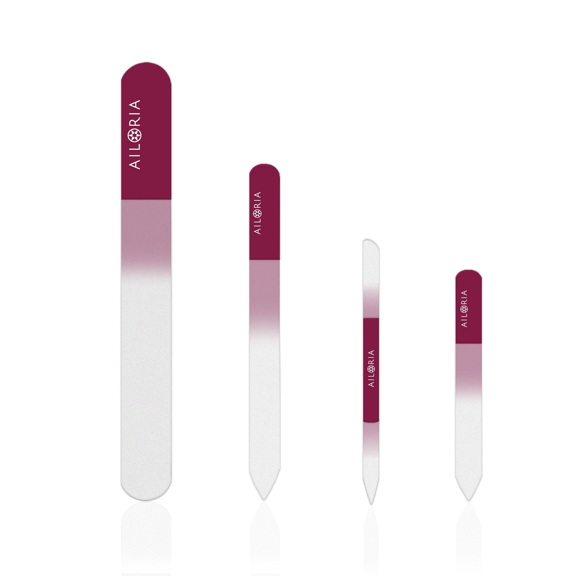 Ensemble de quatre limes à ongles en verre. Chaque lime a une poignée bordeaux avec le nom de la marque AILORIA.