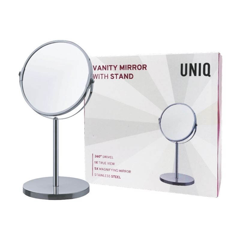 Miroir cosmétique grossissant 5x, pivotant à 360°, sur pied rond. Acier inoxydable.