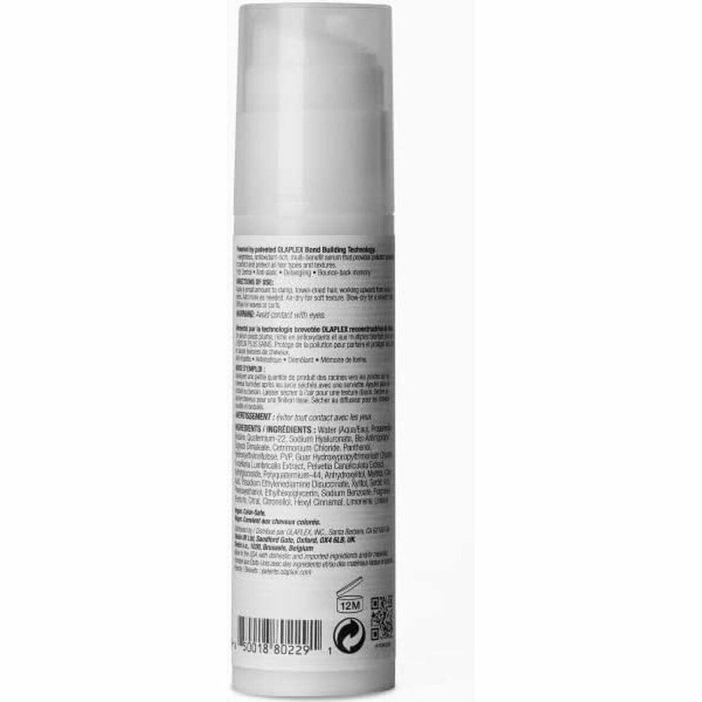 Dos du flacon blanc Olaplex No.9 Bond Protector. Texte avec ingrédients et instructions d'utilisation. Code QR.