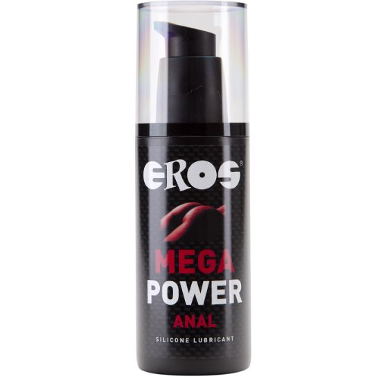 Lubrifiant anal Eros Mega Power avec pompe. Flacon noir avec logo argenté et inscription rouge.