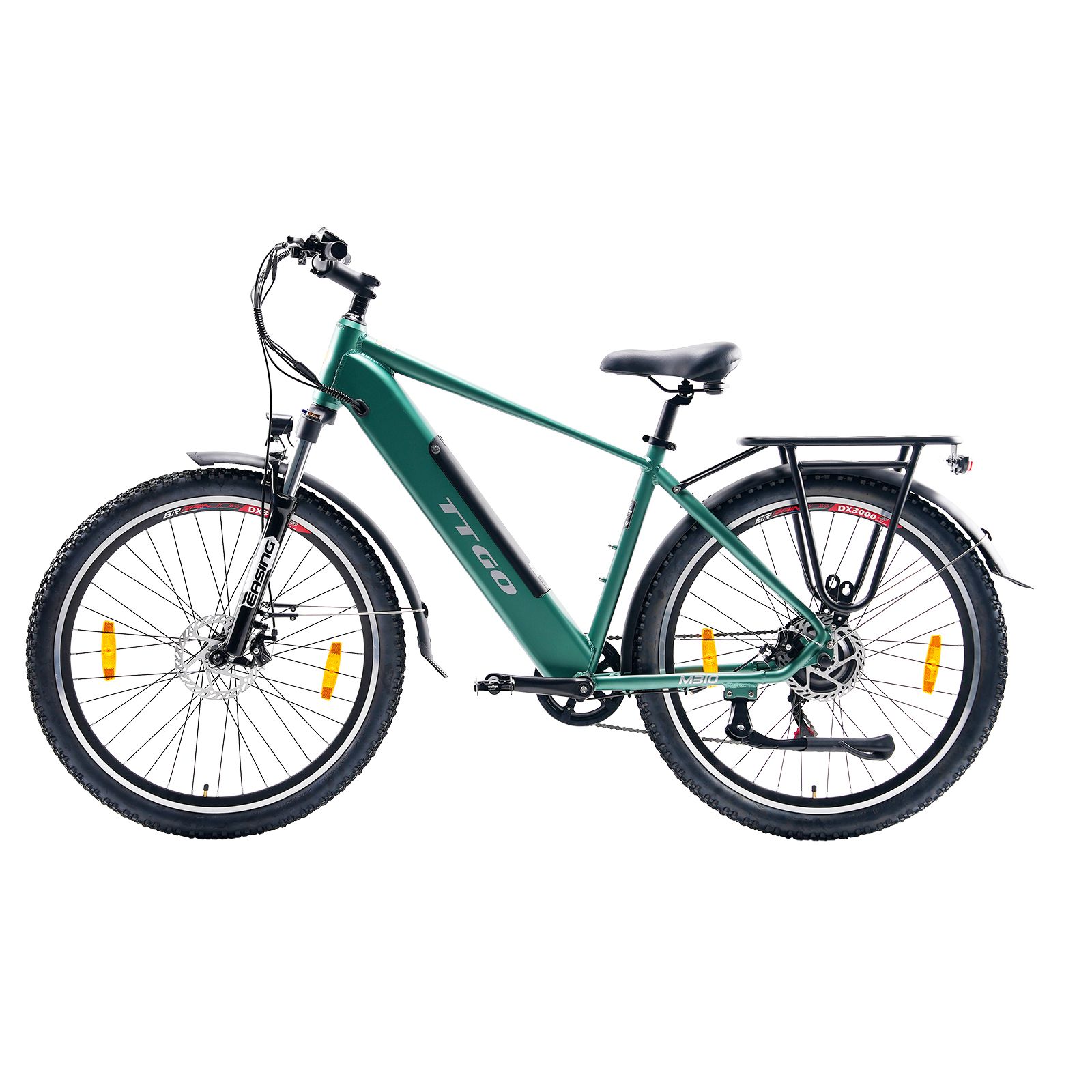Groene TTGO e-bike met bagagedrager, zwart zadel en banden. Gele reflectoren op de wielen.