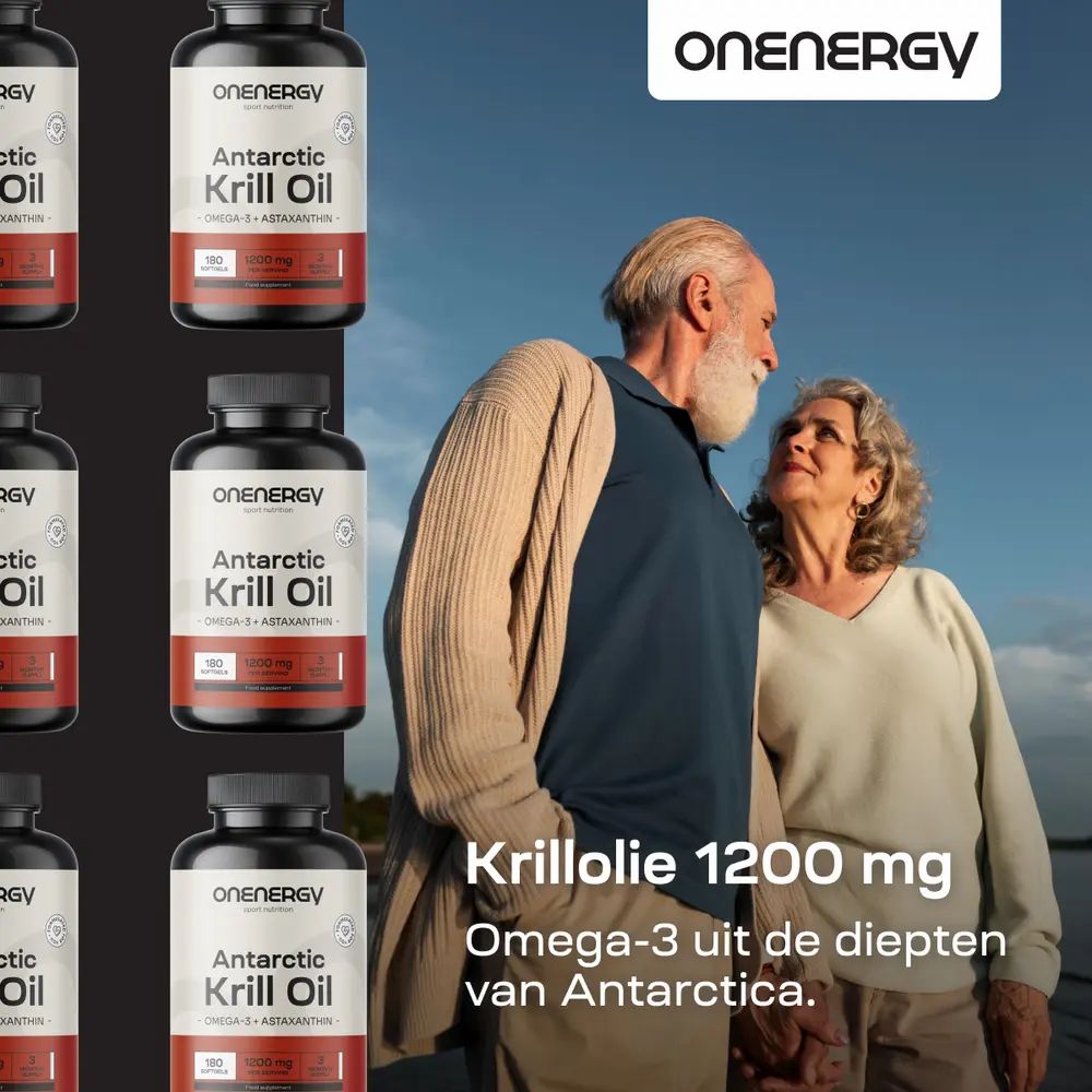 Koppel staat. Flessen met capsules. Tekst: Krillolie 1200 mg. Omega-3 uit de diepten van Antarctica. OnEnergy logo.