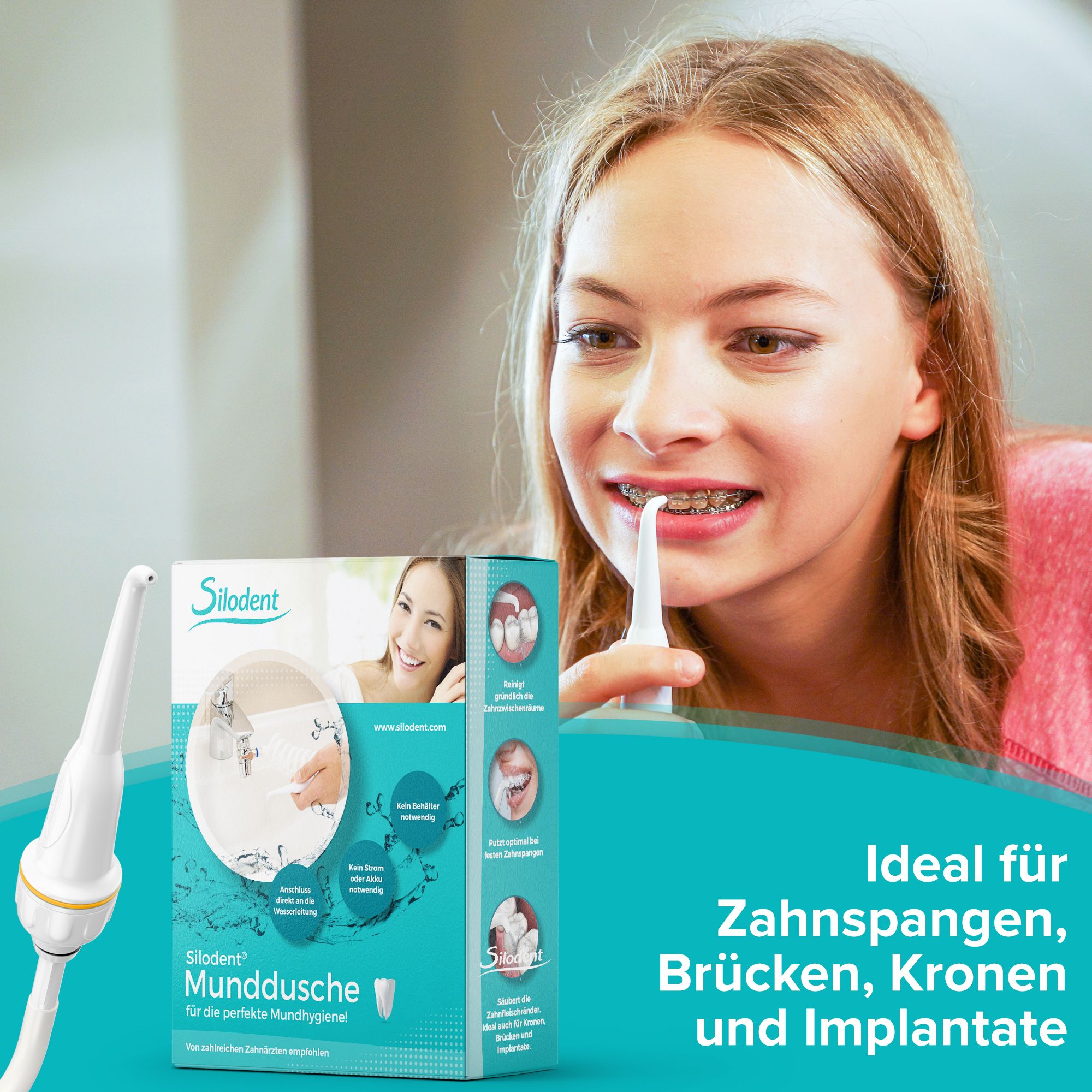 Fille avec appareil dentaire utilise un irrigateur buccal. L'emballage du produit montre l'utilisation.