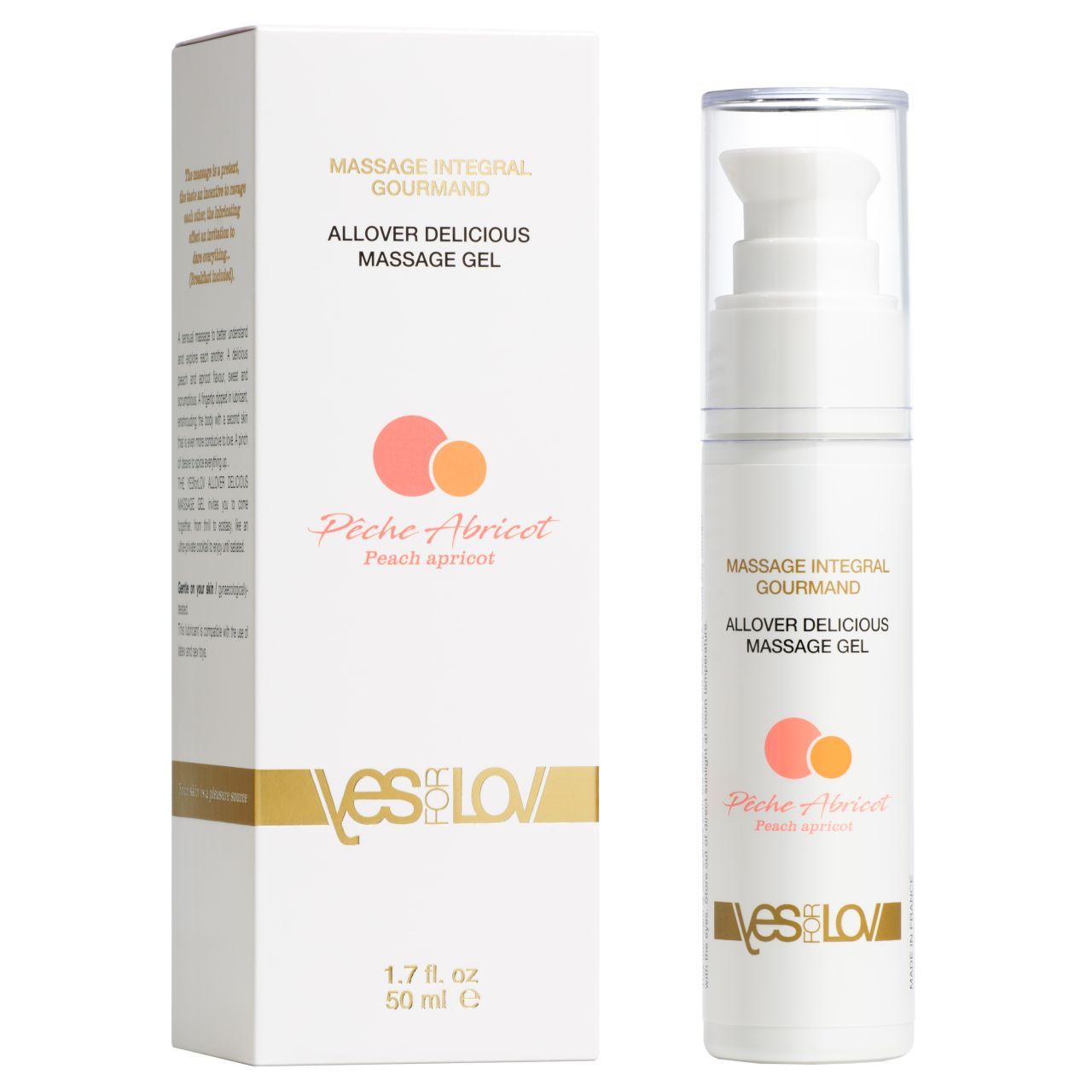 YESforLOV Allover Delicious Massage Gel perzik abrikoos geur, 50 ml fles met pompdispenser en verpakking.