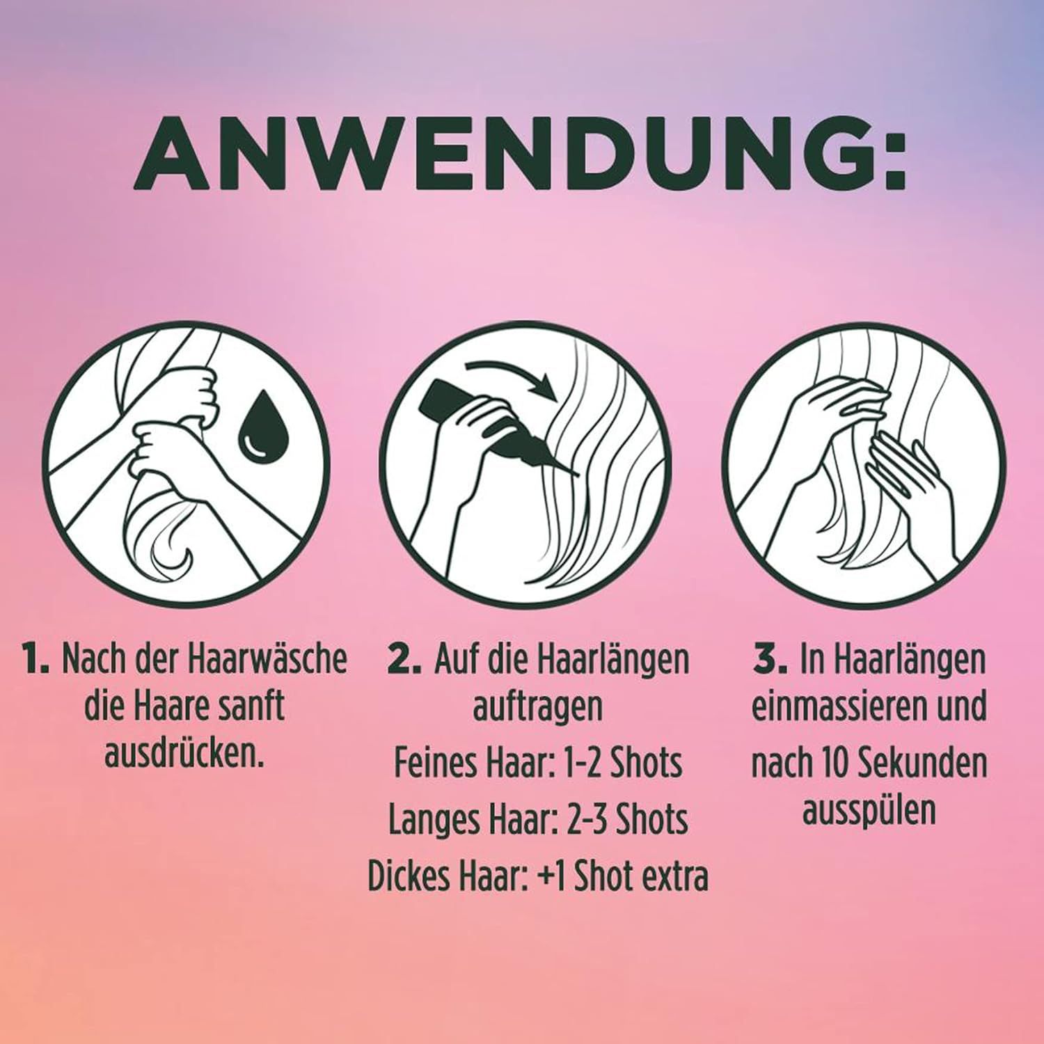 Instructies: 3 stappen. 1. Haar uitknijpen. 2. Aanbrengen op de lengtes. 3. Inmasseren en uitspoelen. Tekst: "TOEPASSING".
