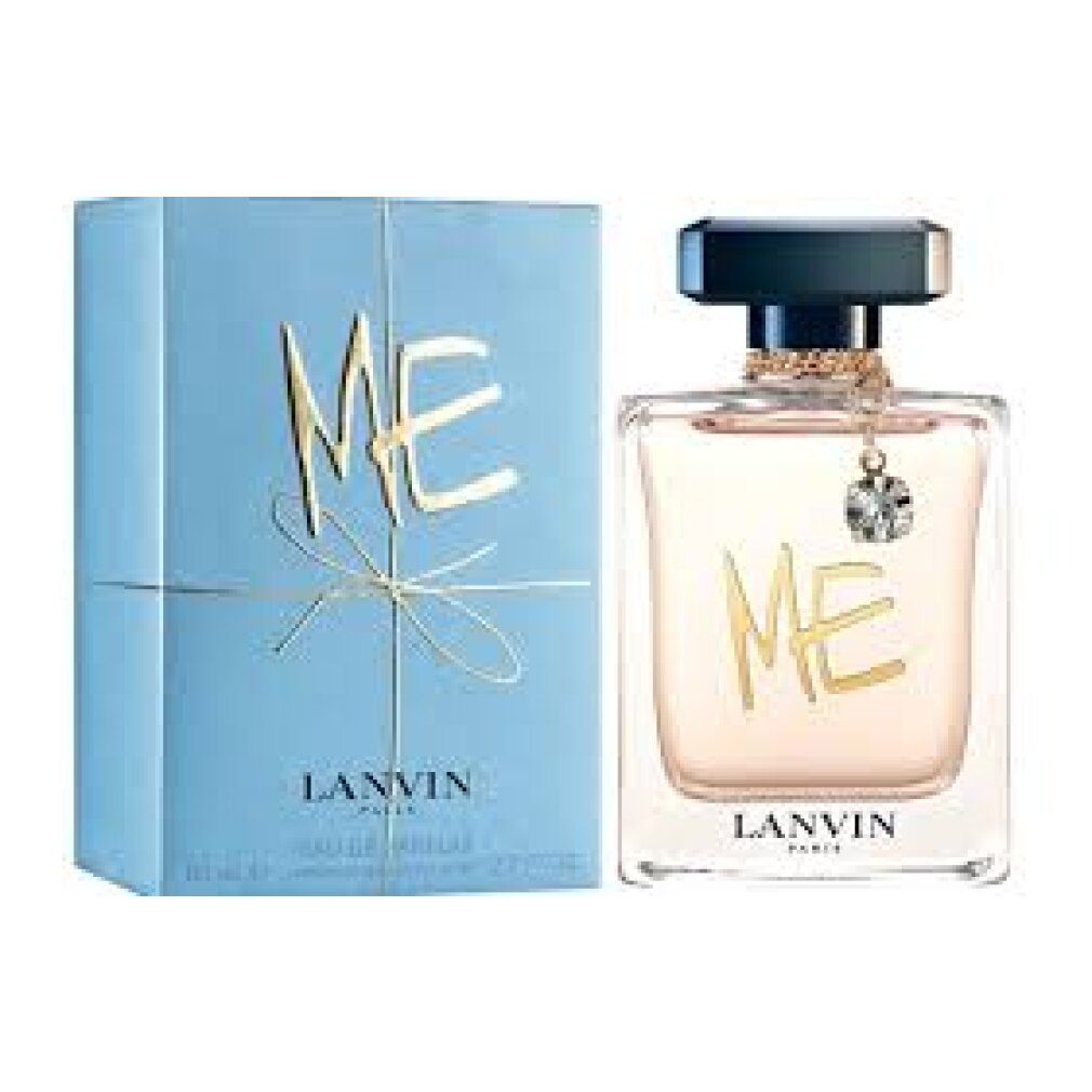 Parfumfles en verpakking. Fles met zwarte dop en hanger. Opschrift "ME". Merk: LANVIN PARIS.