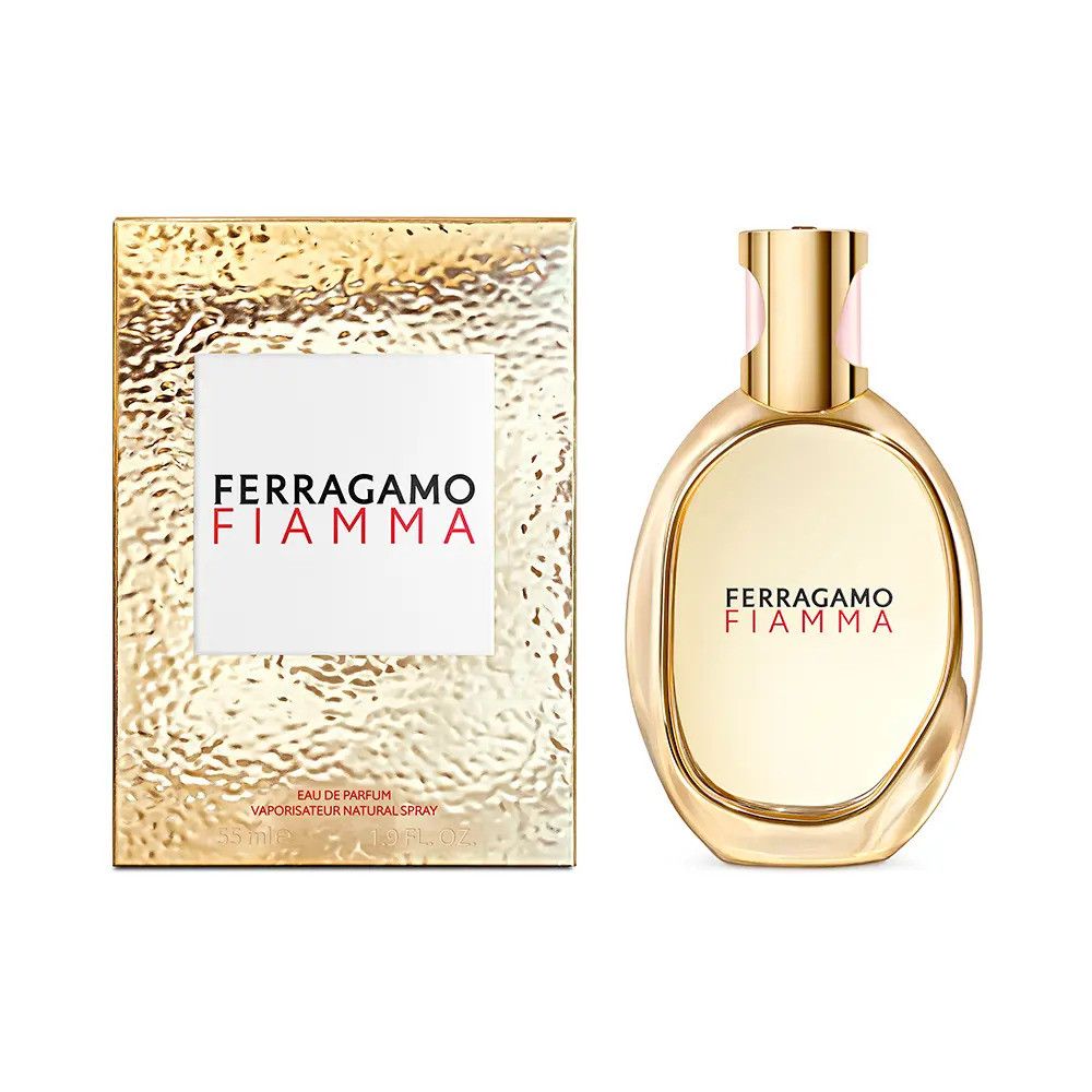 Flacon et boîte dorés. Inscription : FERRAGAMO FIAMMA. Eau de Parfum.