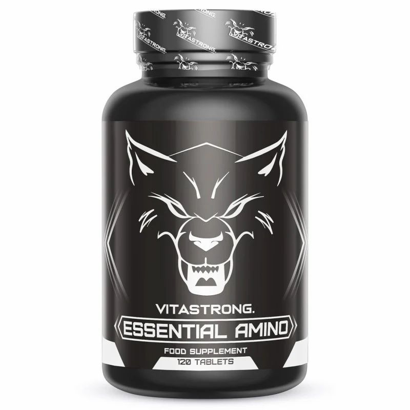 Zwarte fles Vitastrong Essential Amino, 120 tabletten. Wolf logo. Dop met logo.