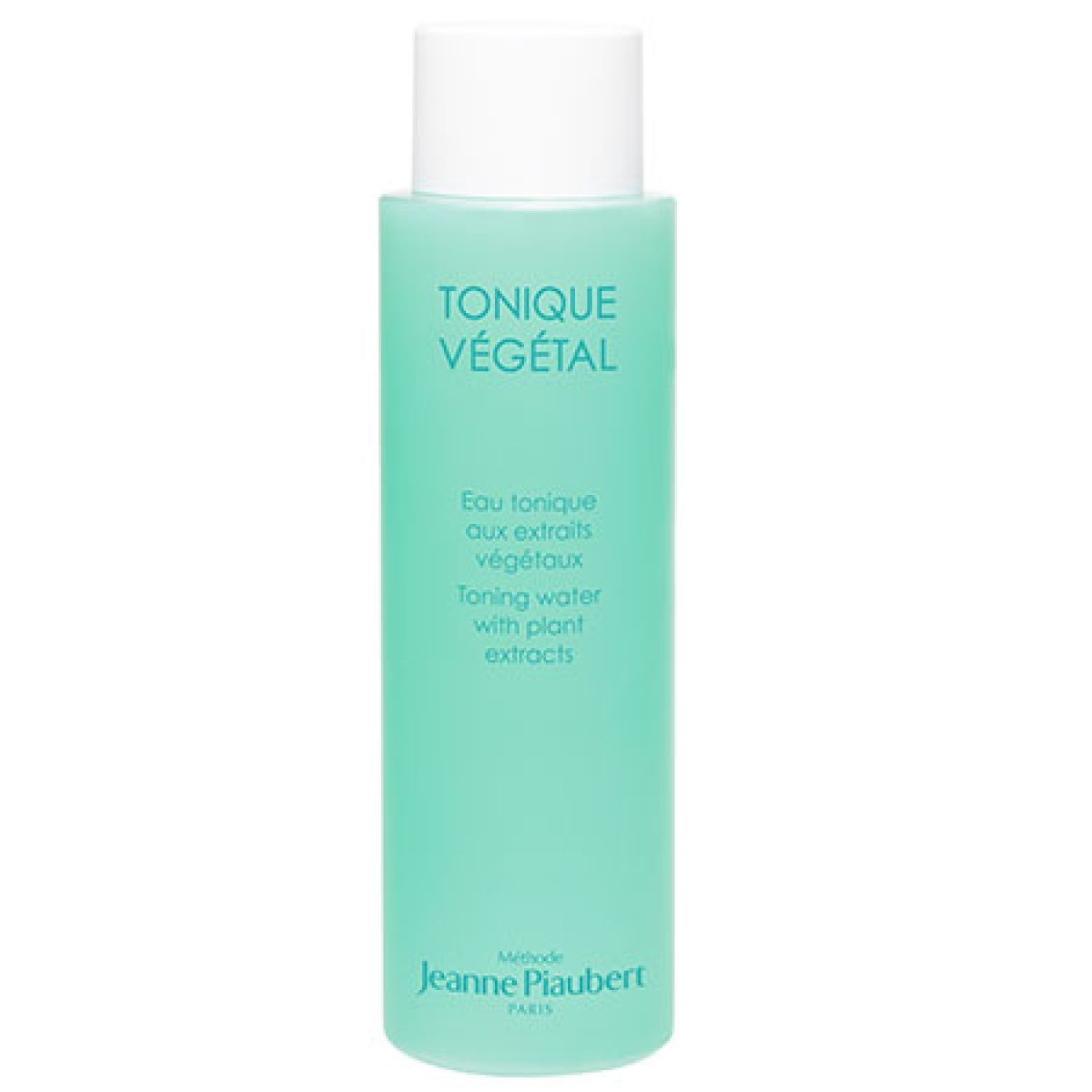 Jeanne Piaubert Toner Végétal sans alcool : Liquide clair dans un flacon vert translucide avec un bouchon blanc.