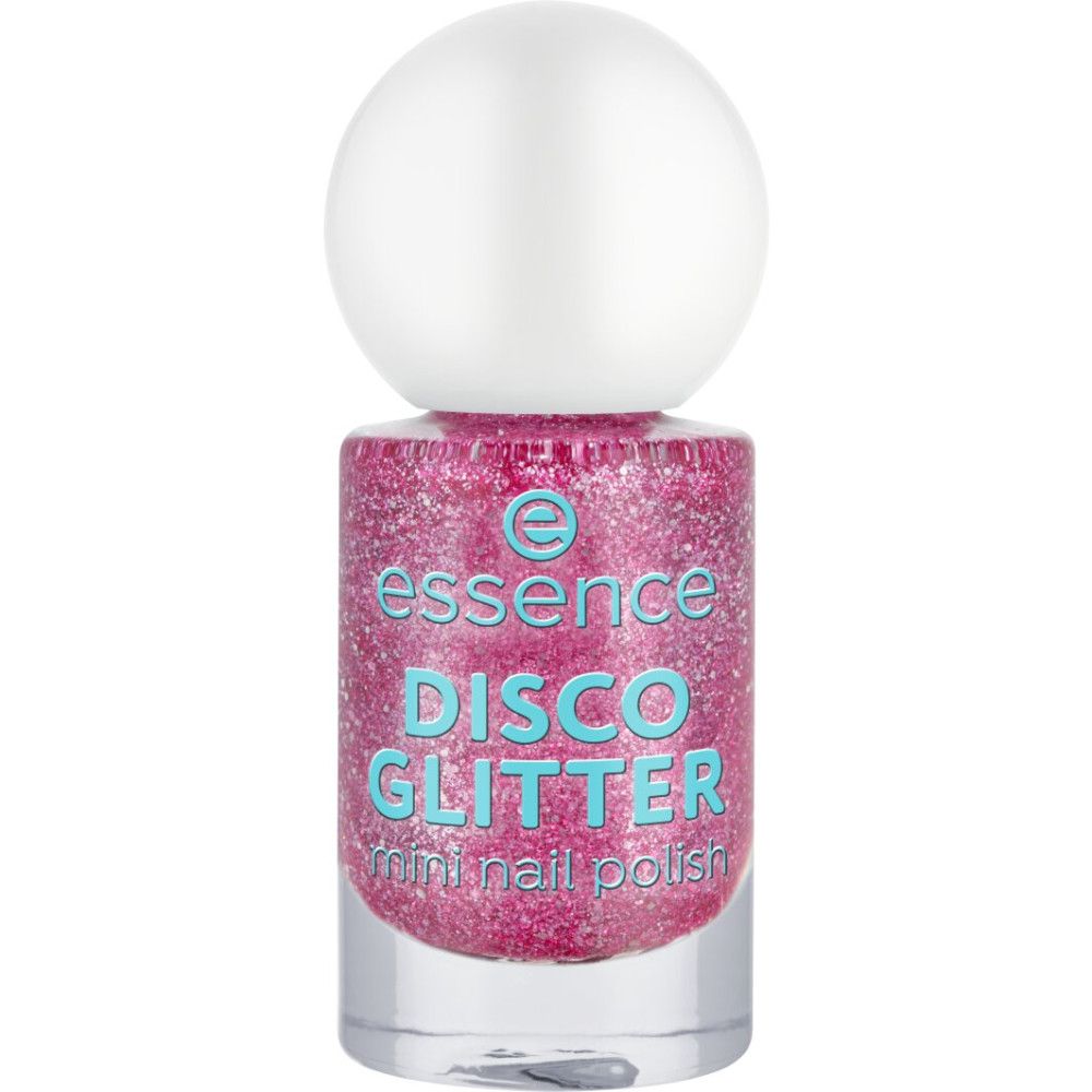 Essence Mini Nagellak Disco Glitter roze met glitter, flesje met witte dop.