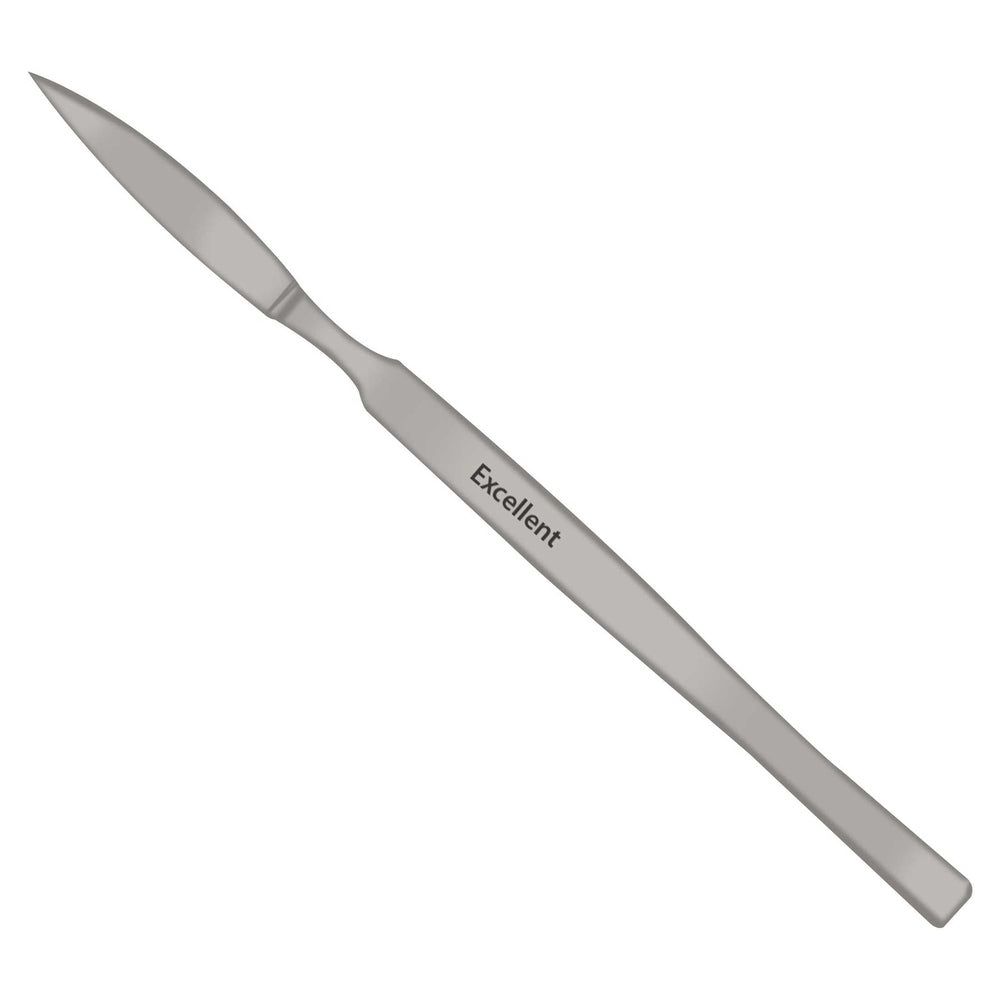 Scalpel met metalen handvat. Puntig lemmet. Handvat met opschrift "Excellent".