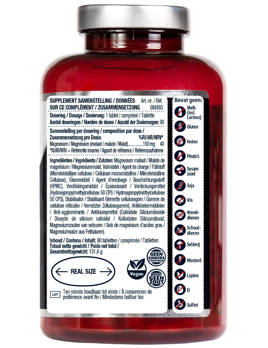 Achterkant van de fles. Bevat informatie over ingrediënten, dosering en allergenen. Vegan en glutenvrij keurmerk.