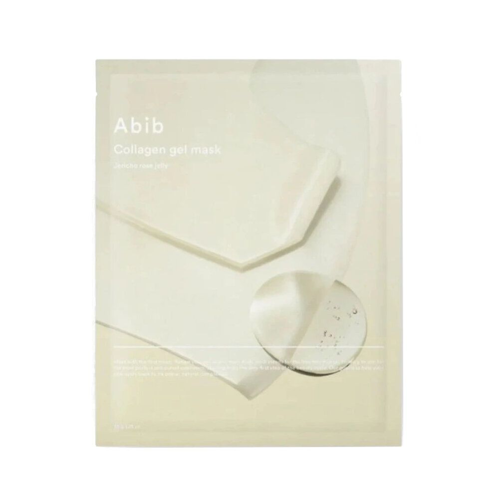Sachet de masque gel collagène Abib avec des éléments transparents et des bulles.