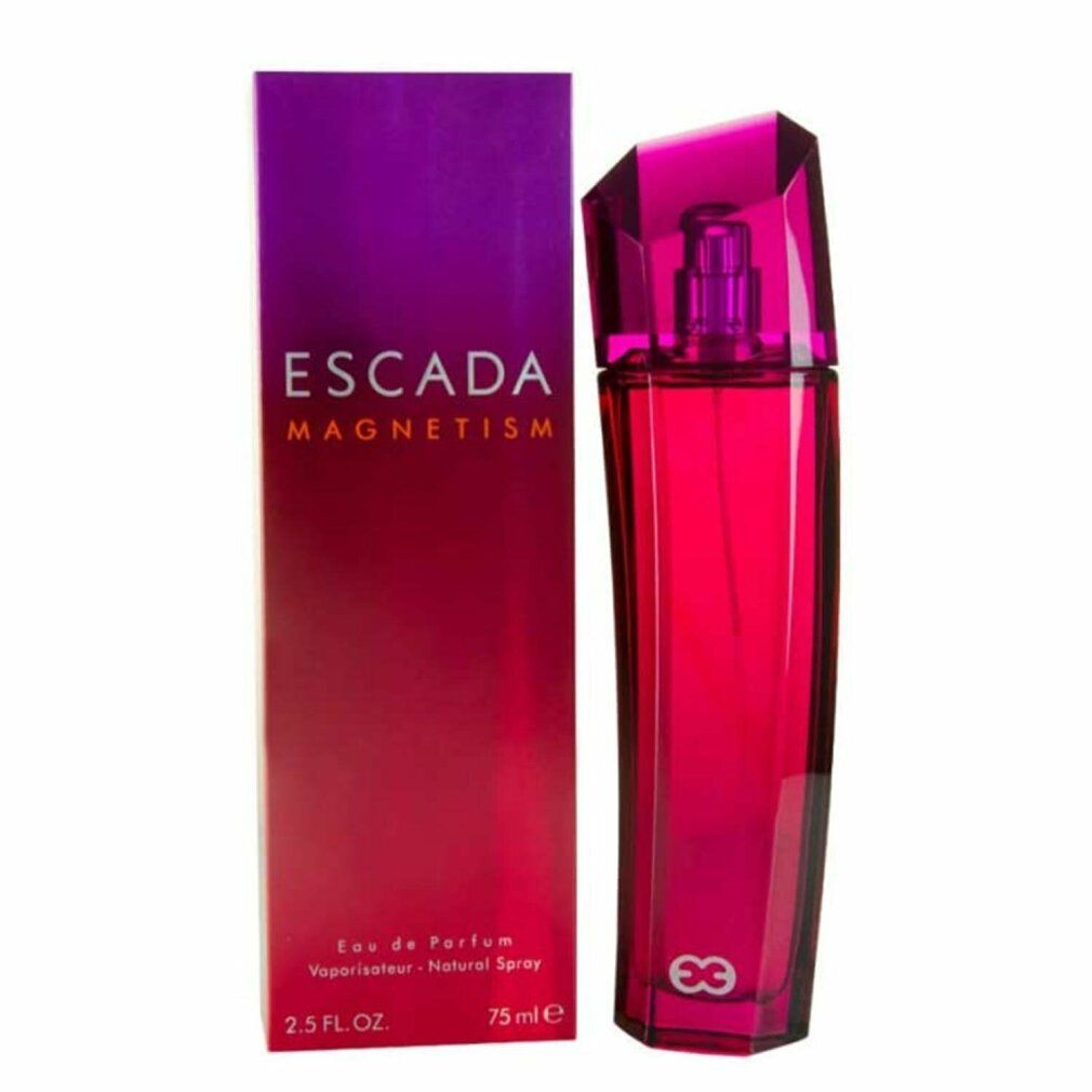 Flacon et emballage roses. Sur l'emballage, on lit ESCADA MAGNETISM. Flacon et emballage côte à côte.