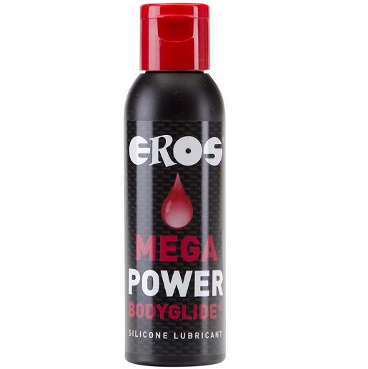 Zwarte fles met rode fliptopdop. Etiket met "EROS MEGA POWER BODYGLIDE SILICONE LUBRICANT".