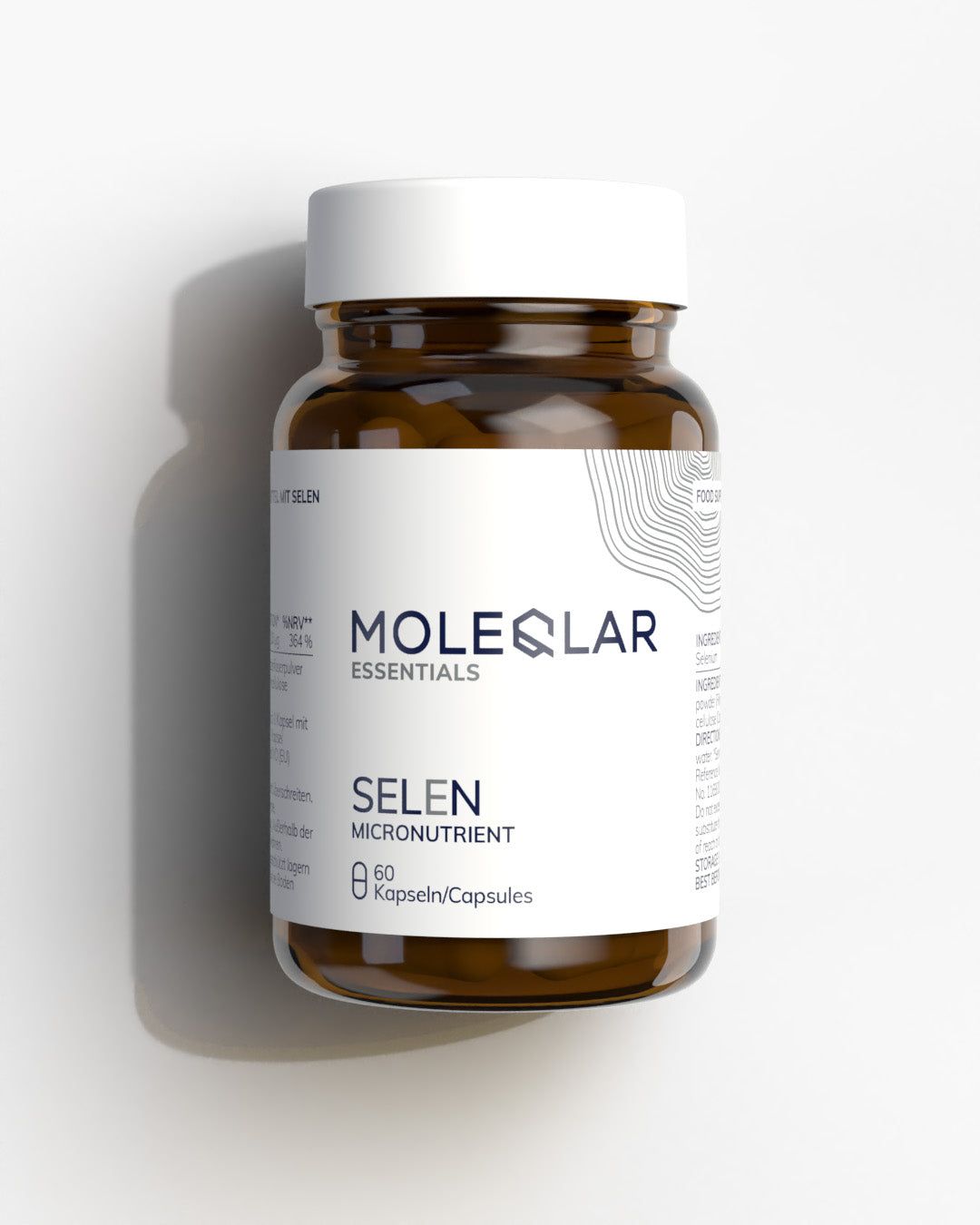 Flacon en verre brun avec bouchon blanc. Étiquette "MOLEQLAR essentials SELEN Micronutrient". Contient 60 gélules.