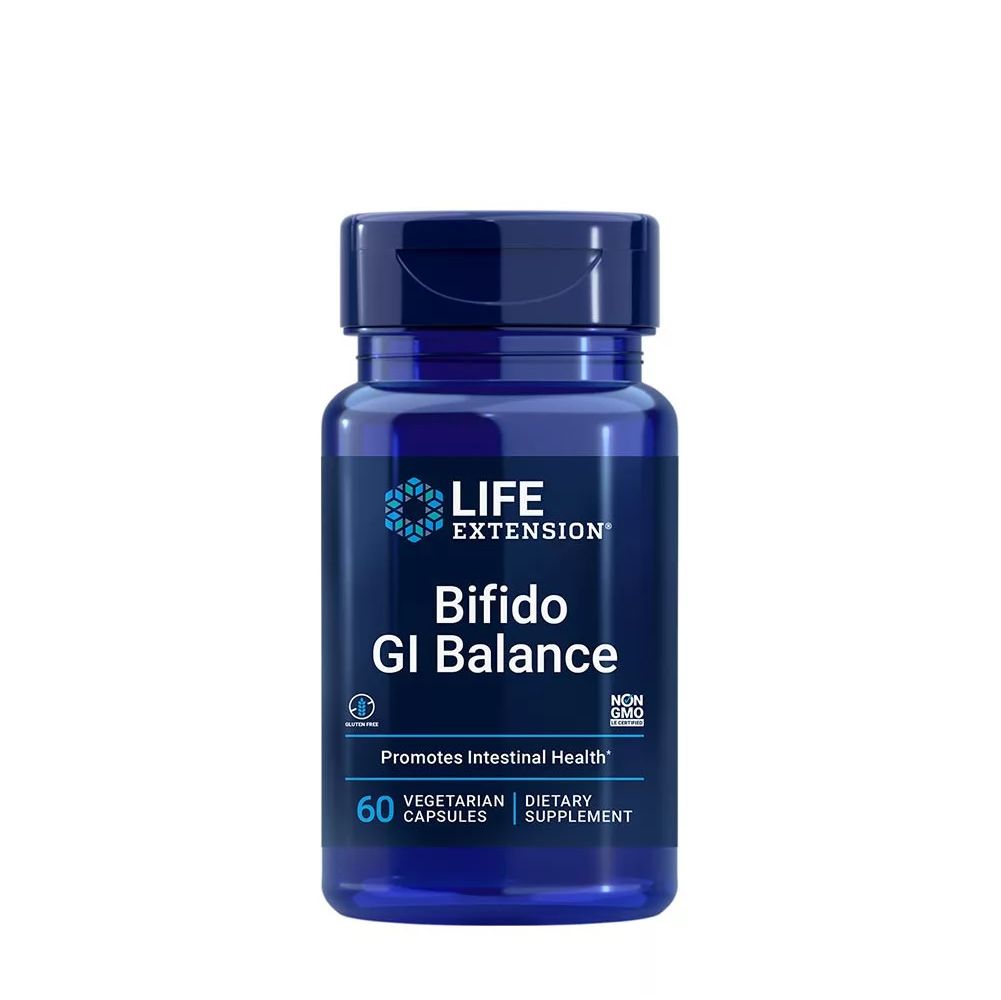 Flacon bleu foncé avec inscription "Life Extension Bifido GI Balance", 60 gélules végétariennes.