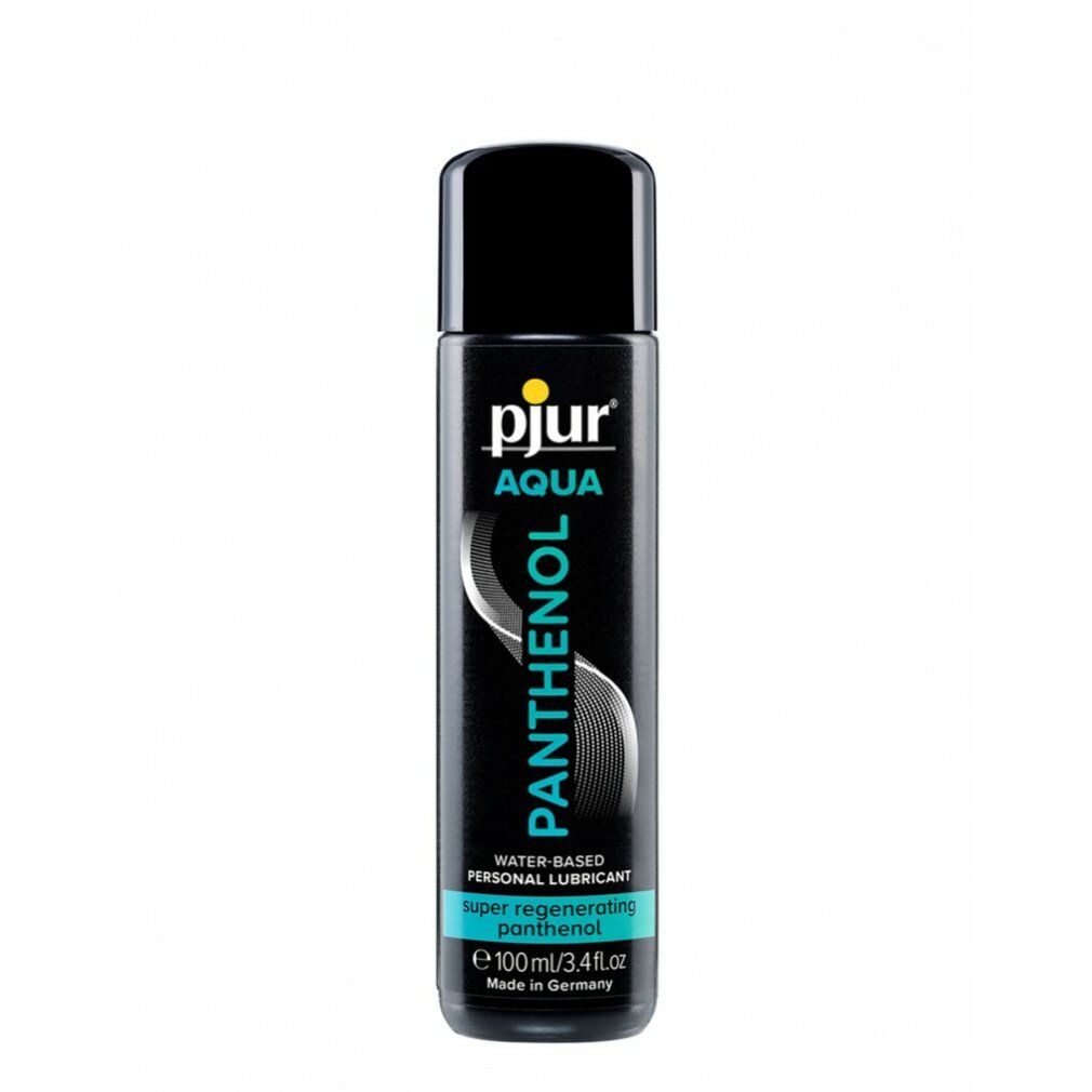 Flacon noir avec bouchon noir. Inscription : pjur AQUA Panthenol. Texte : Lubrifiant personnel à base d'eau. Panthenol super régénérant.