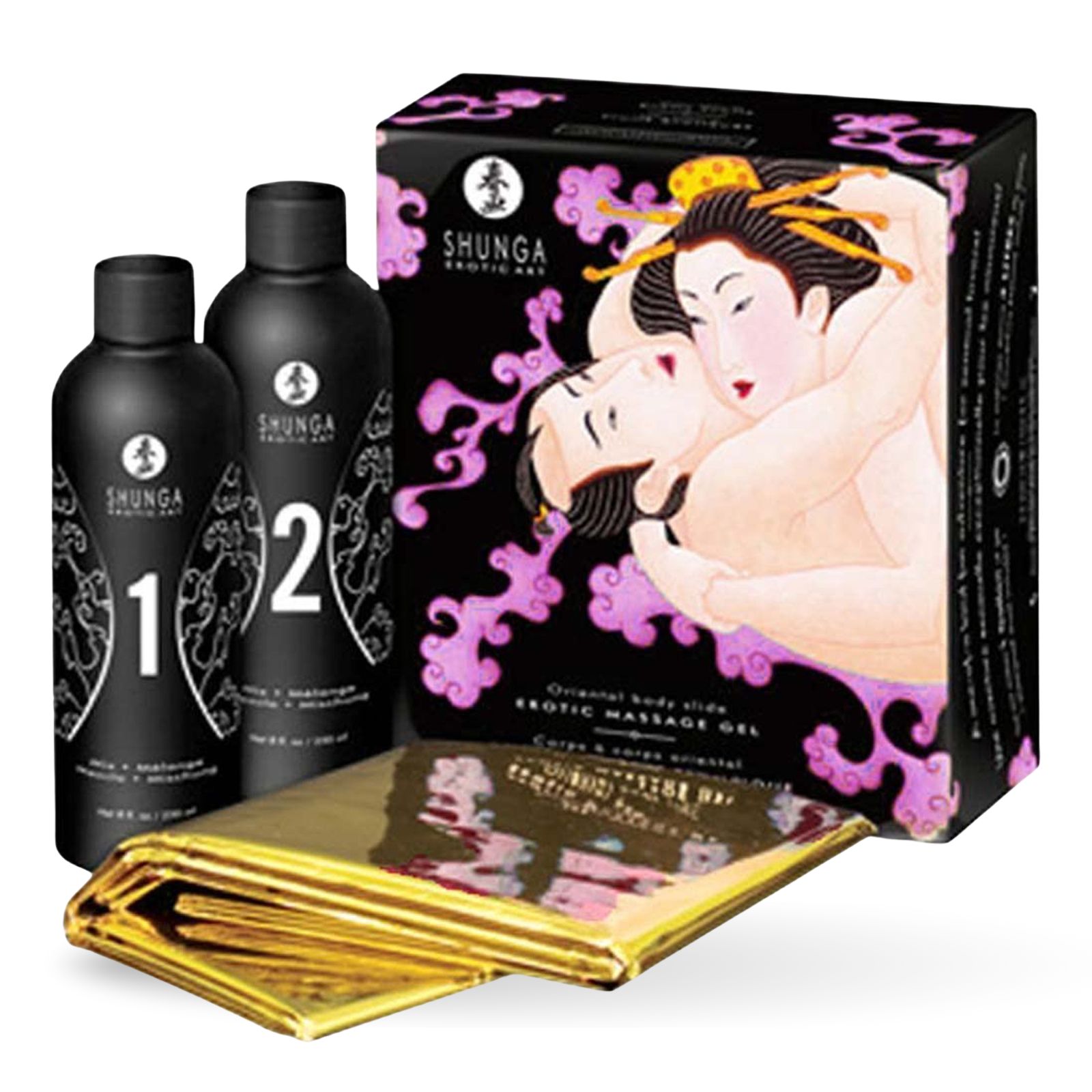 Deux flacons et une boîte avec image du produit. Feuille d'or. Inscription : Shunga, Exotic Massage Gel. Oriental Body Slide.