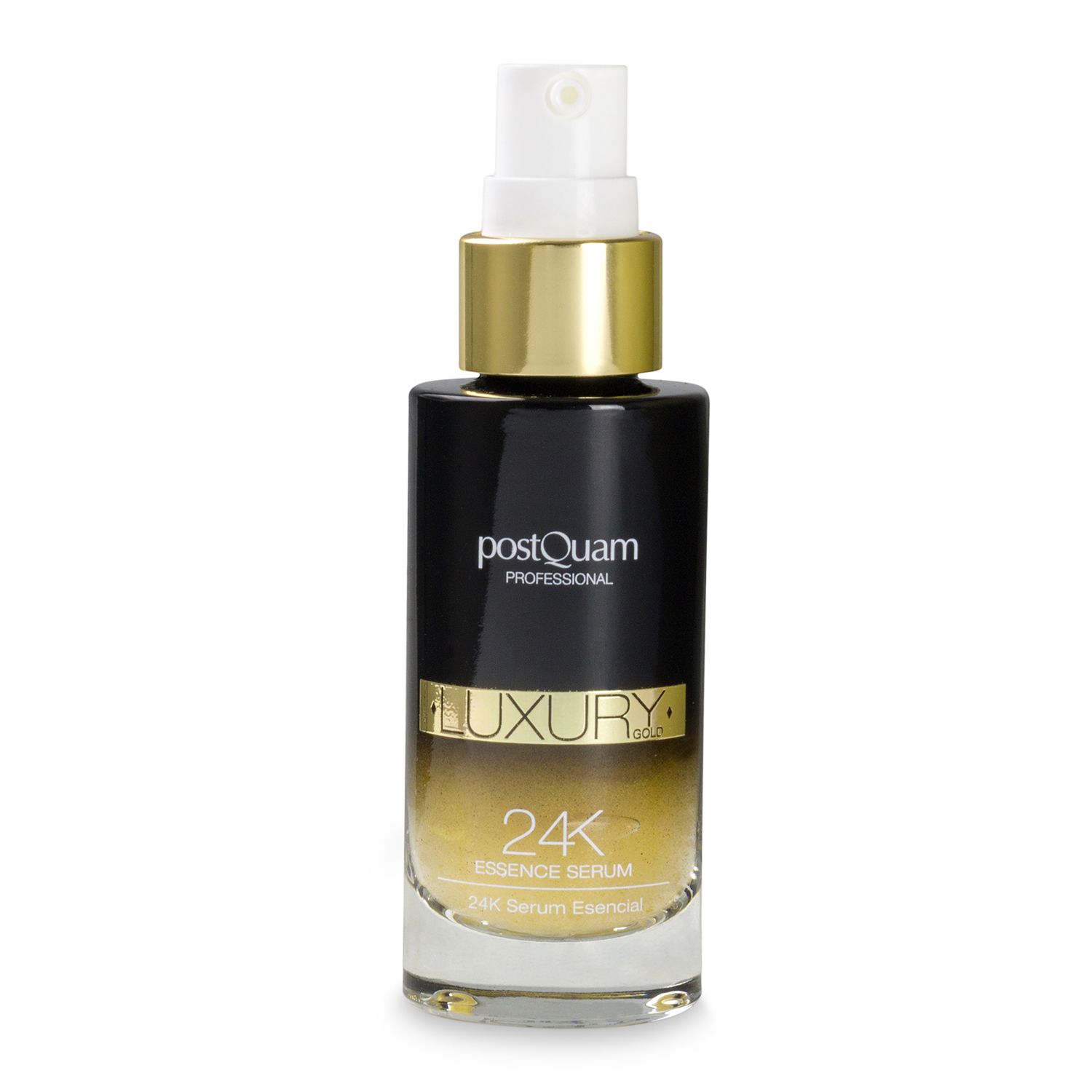 Flacon de sérum avec bouchon doré, étiquette "Luxury 24K Essence Serum".