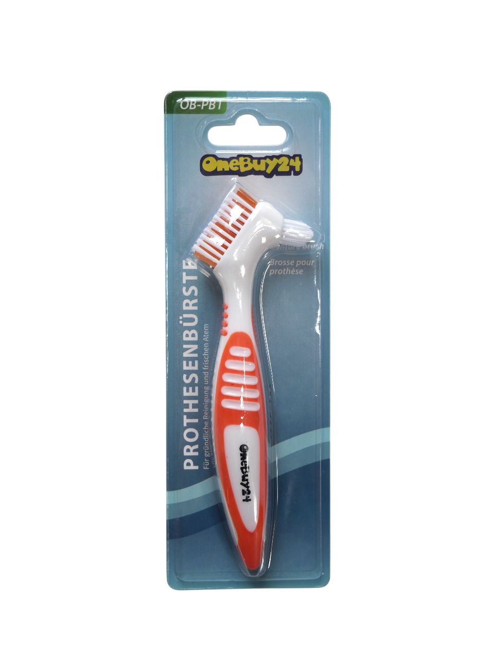 Brosse à dents pour prothèses en blister. Manche blanc avec accents orange. Inscription : OneBuy24, brosse pour prothèse.