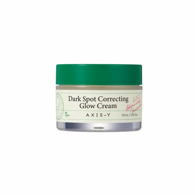 Pot de crème avec couvercle vert. Contient la crème 'Dark Spot Correcting Glow Cream' d'AXIS-Y.