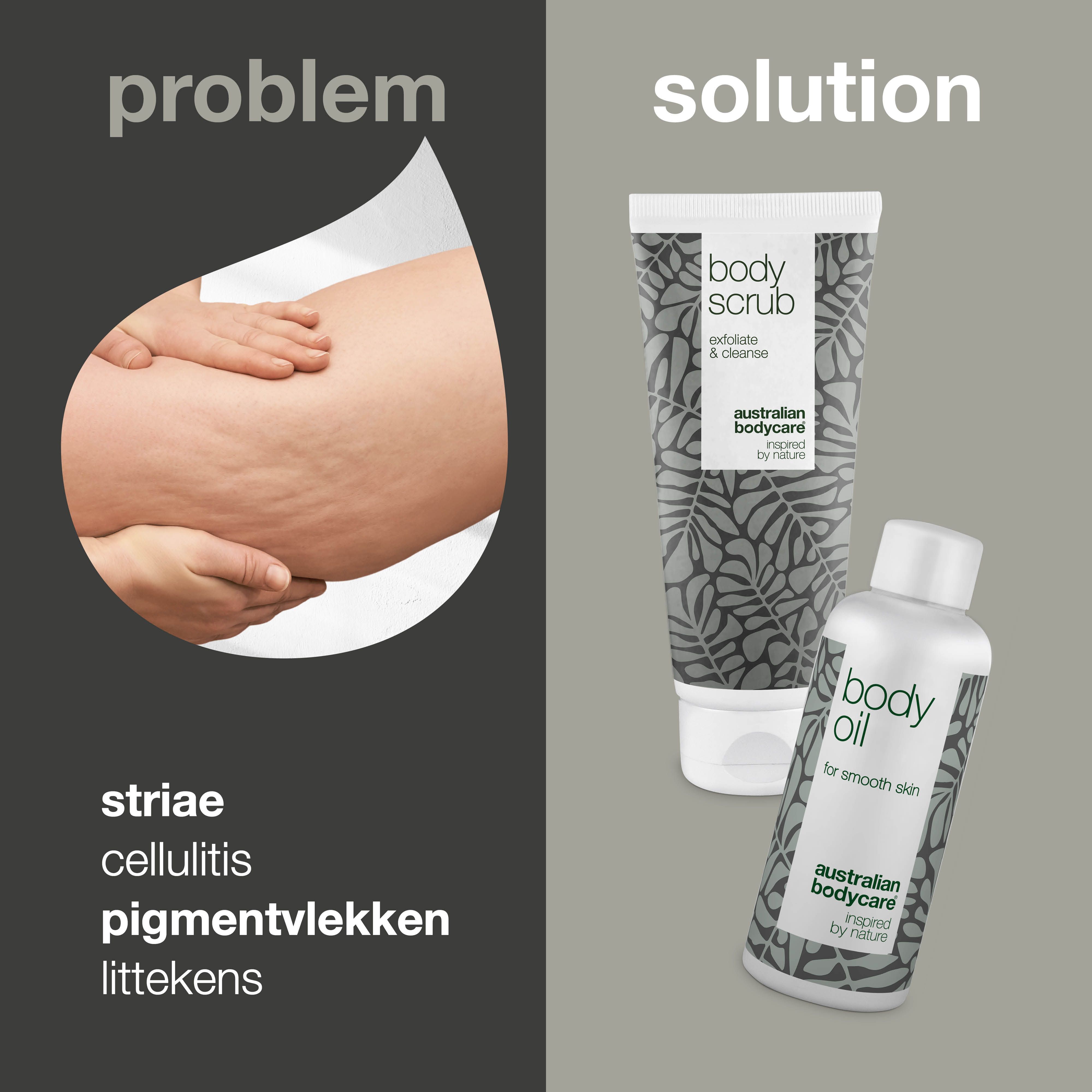 Australian Bodycare: Ervaringsverhaal. Opschrift: Body Oil, Body Scrub, Australian Bodycare.