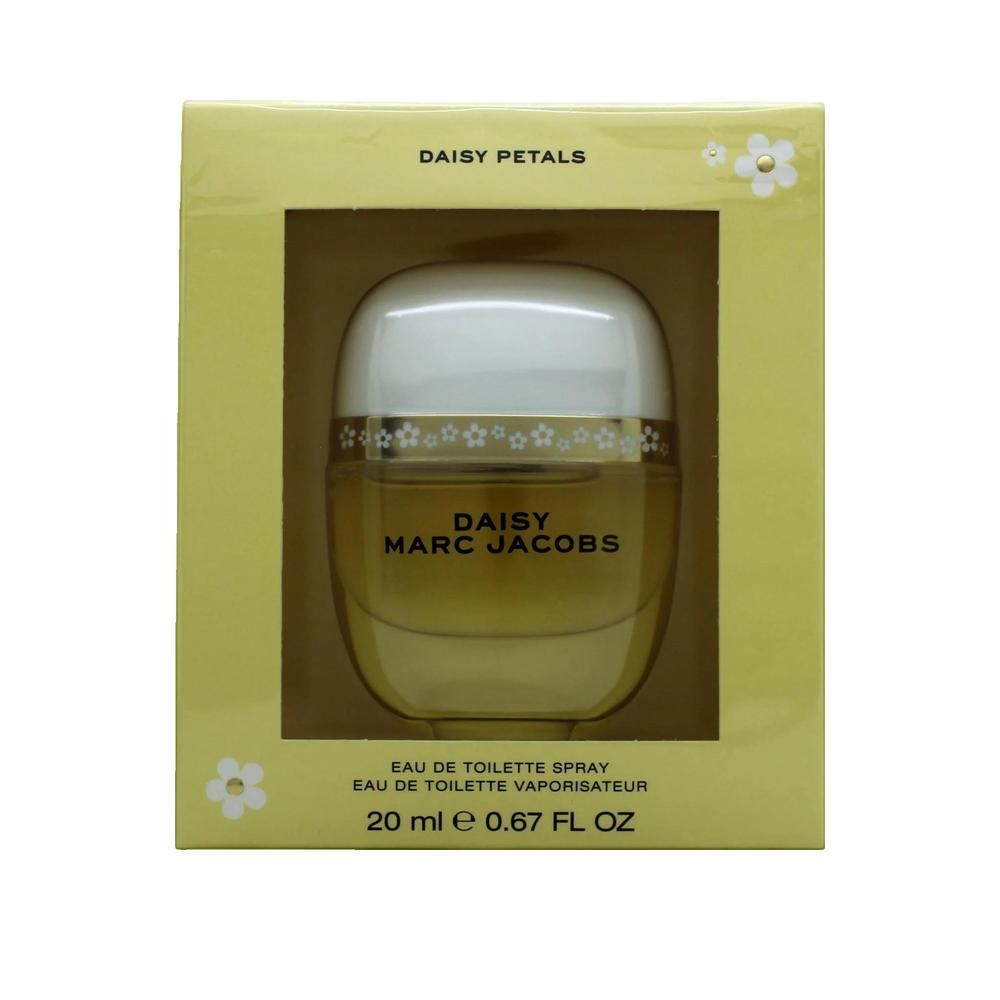 Parfumfles in gele verpakking. Opschrift: DAISY MARC JACOBS. Bevat 20 ml eau de toilette.