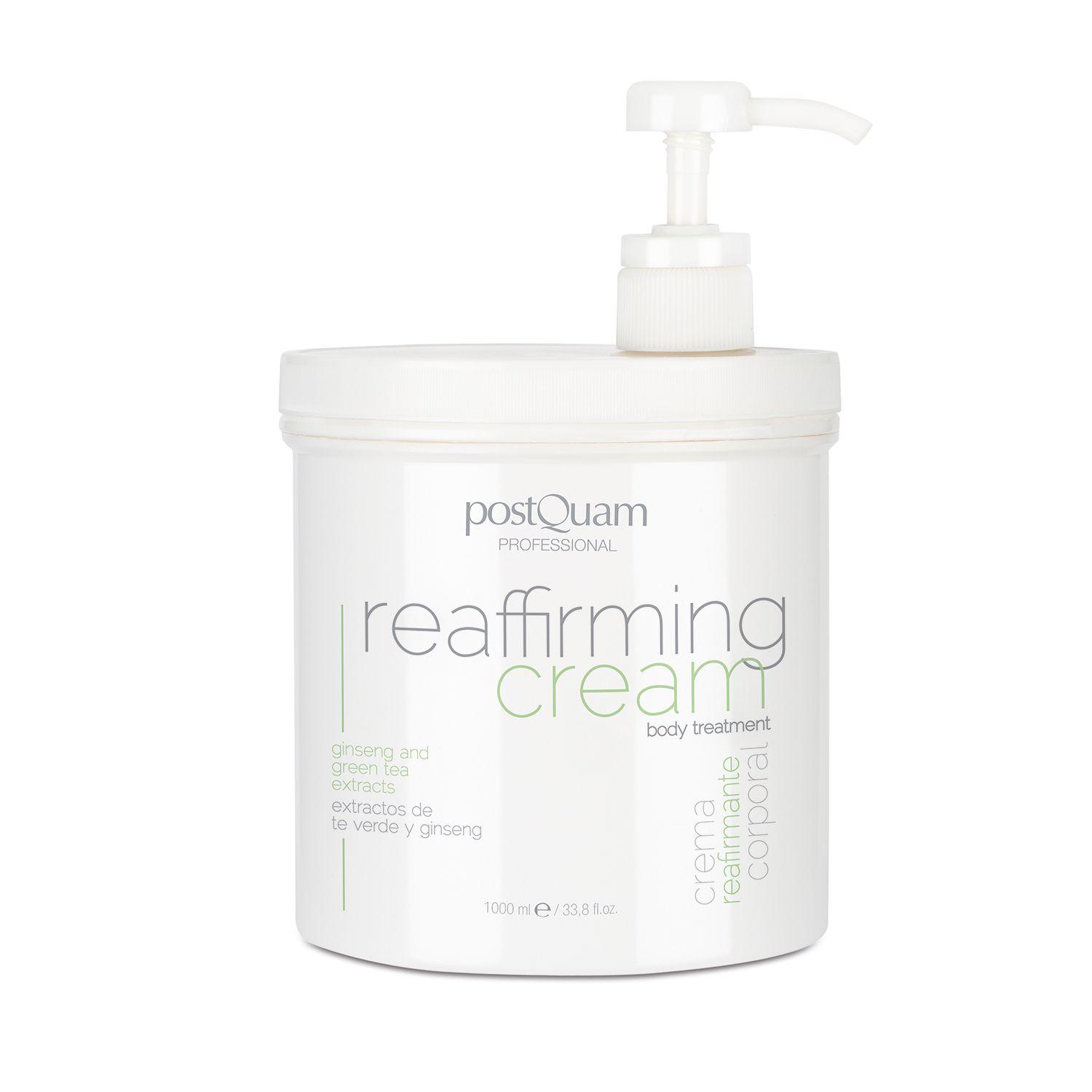 Witte pot met pomp. Opschrift: PostQuam, reaffirming cream, ginseng and green tea extracts. 1000 ml.