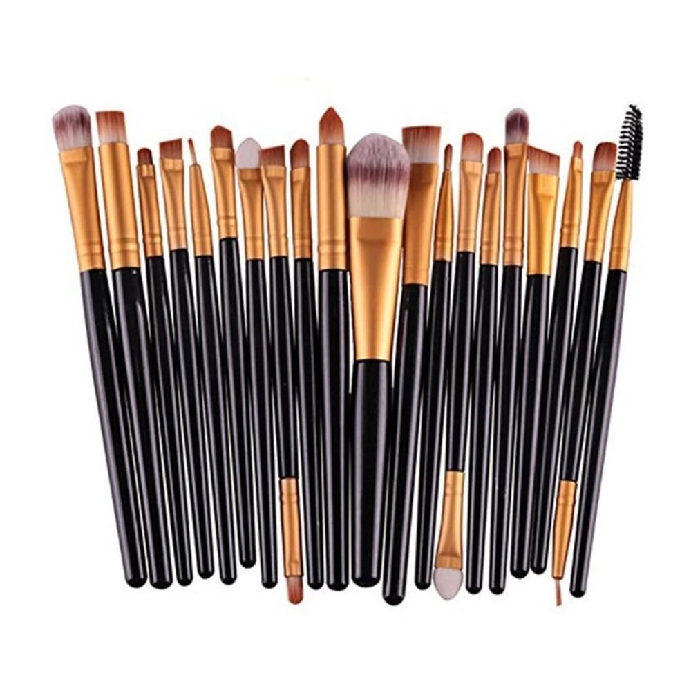 Un ensemble de 20 pinceaux de maquillage noirs et dorés avec différentes têtes et tailles.